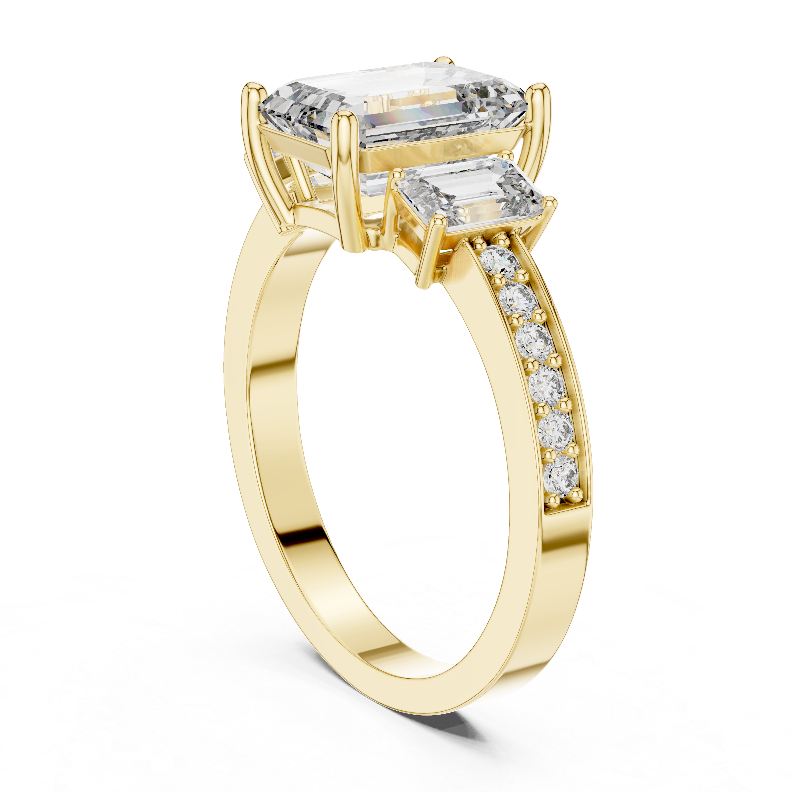 Emerald Cut Three-Stone Diamond Ring with Pavé Band