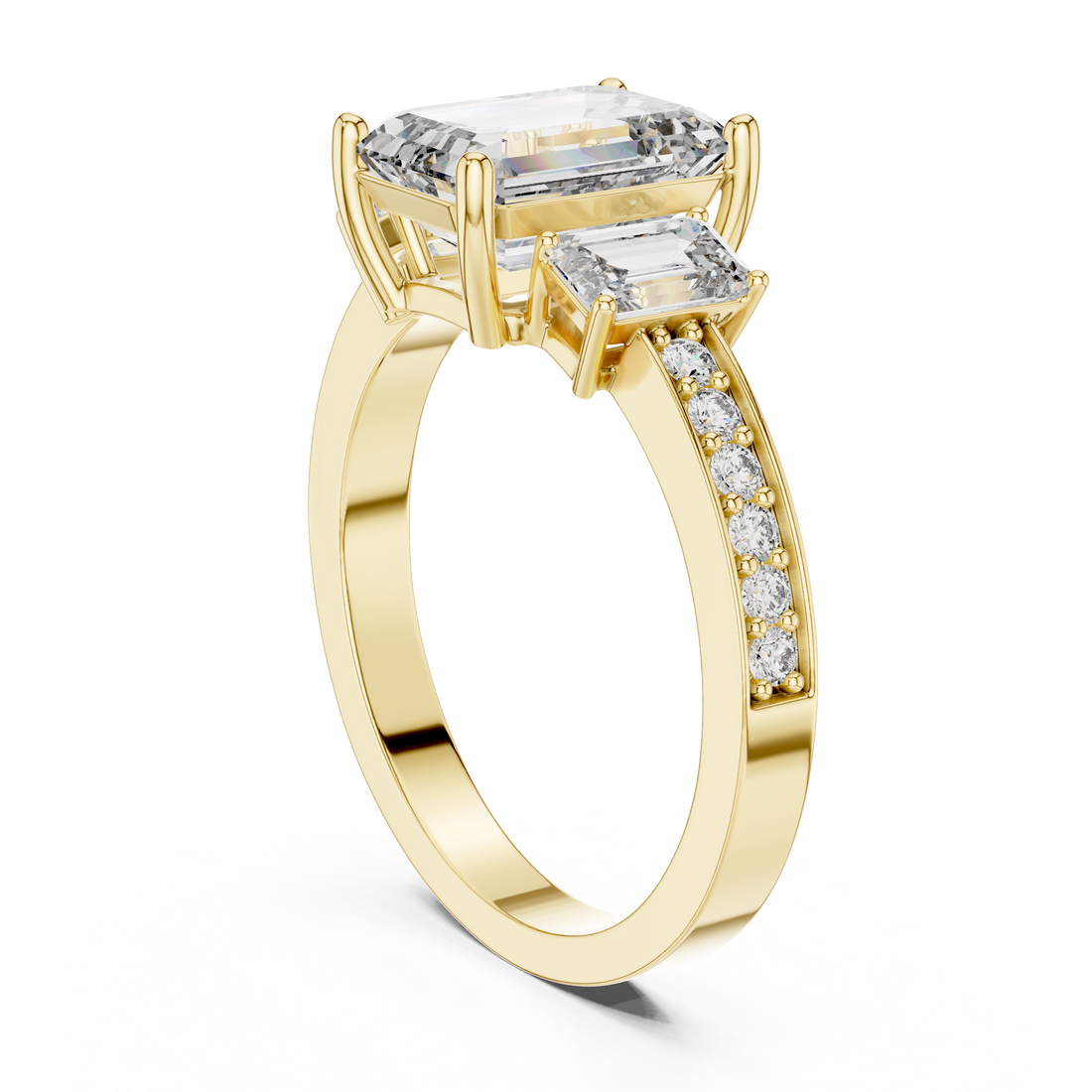 Emerald Cut Three-Stone Diamond Ring with Pavé Band