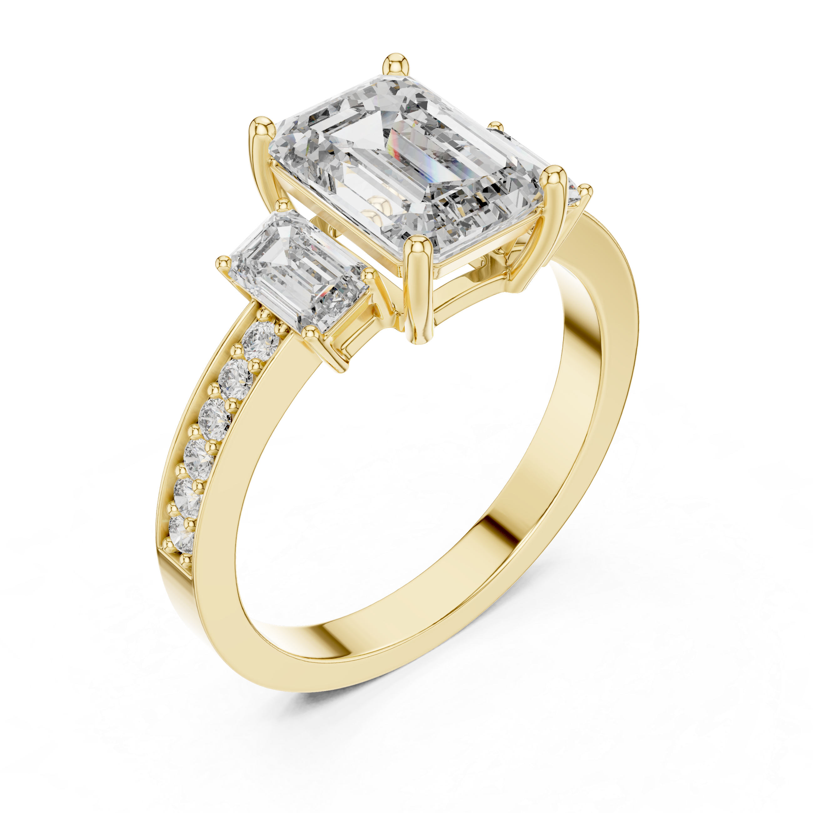 Emerald Cut Three-Stone Diamond Ring with Pavé Band