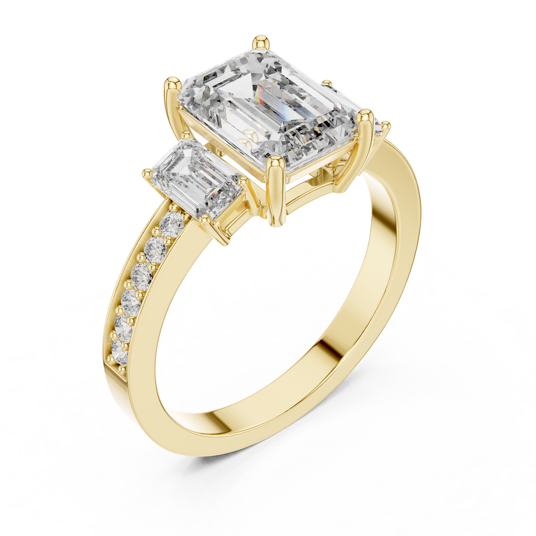 Emerald Cut Three-Stone Diamond Ring with Pavé Band