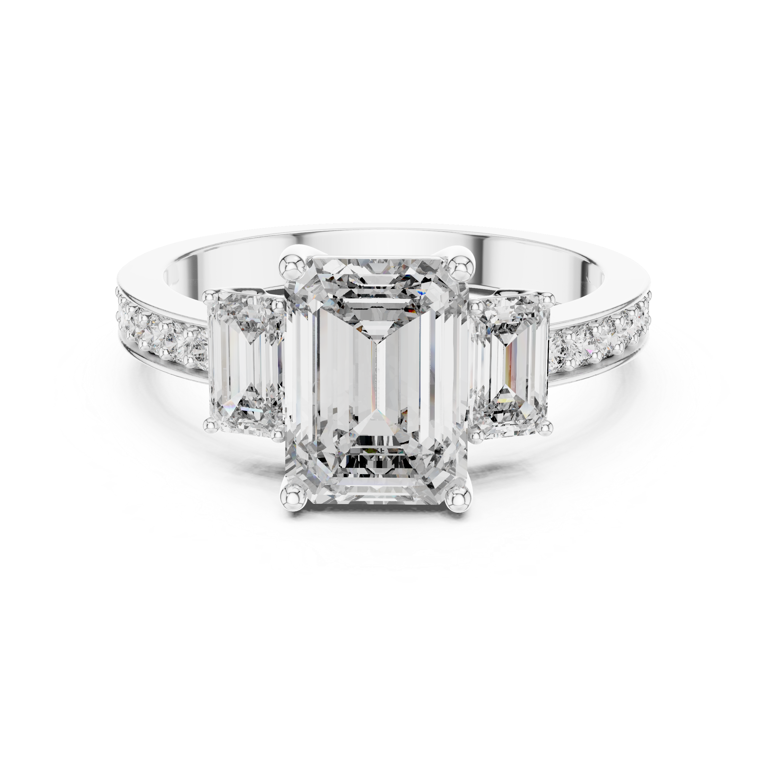 Emerald Cut Three-Stone Diamond Ring with Pavé Band