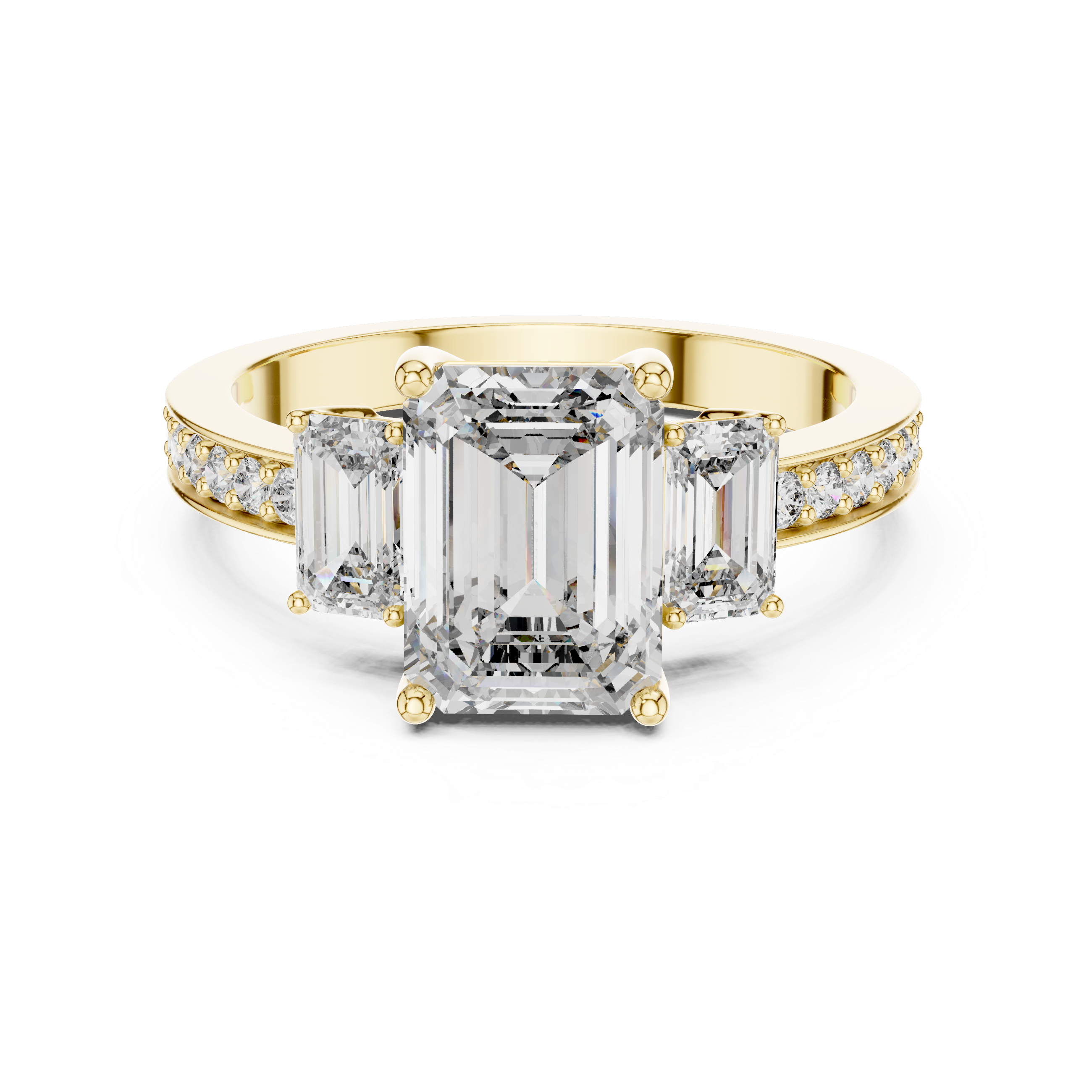 Emerald Cut Three-Stone Diamond Ring with Pavé Band