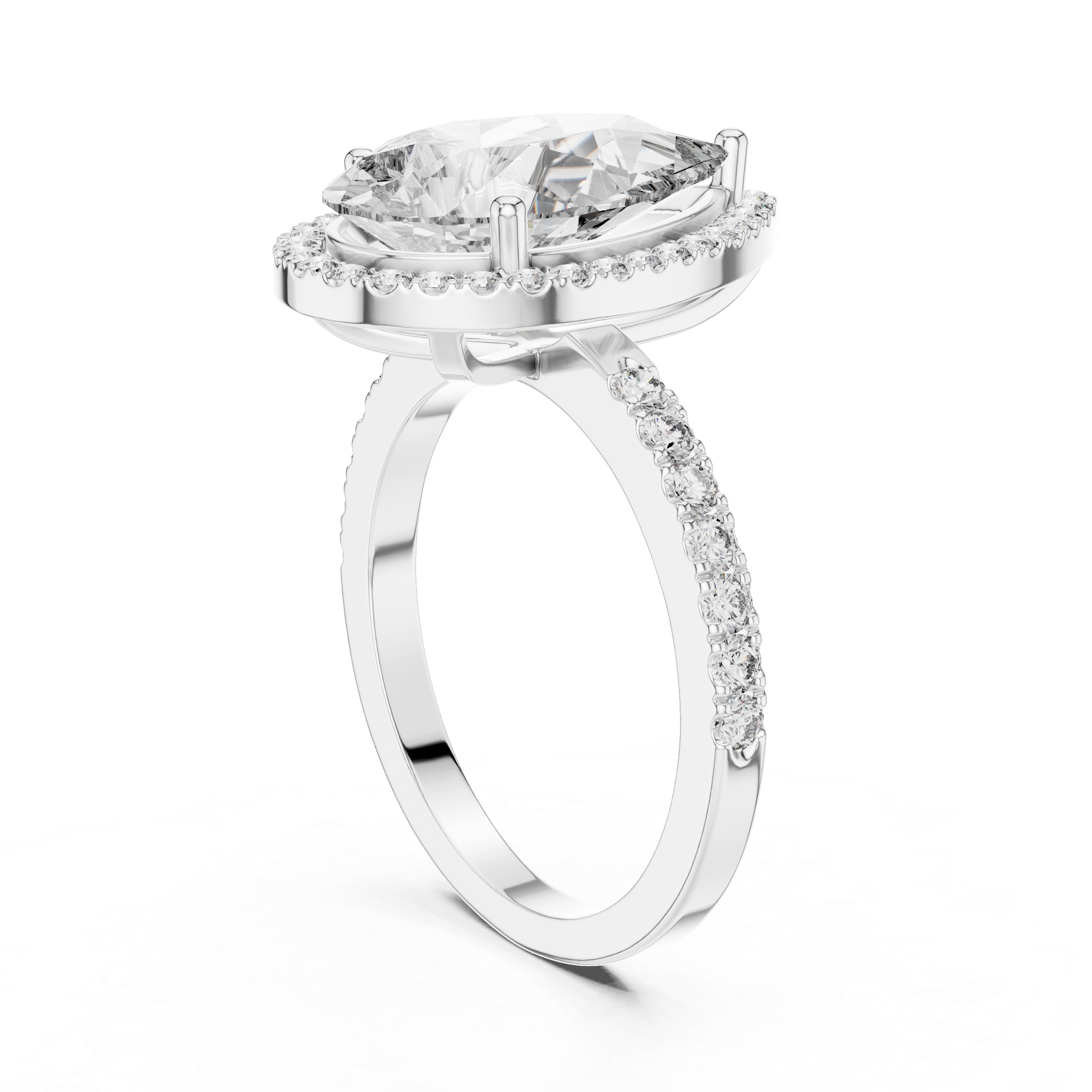Pear Cut Halo Diamond Engagement Ring with Pavé Band