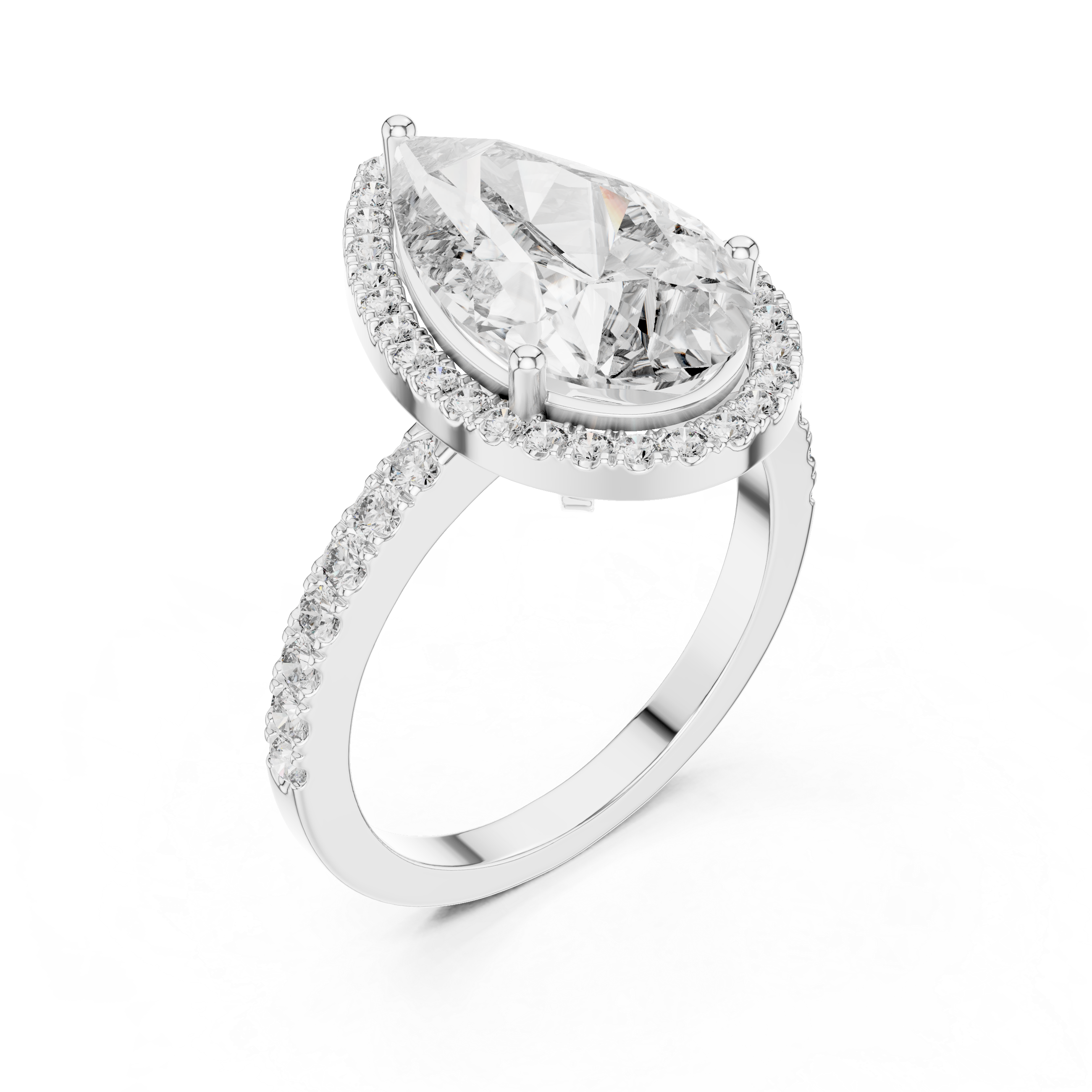Pear Cut Halo Diamond Engagement Ring with Pavé Band