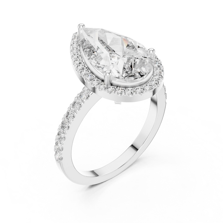 Pear Cut Halo Diamond Engagement Ring with Pavé Band