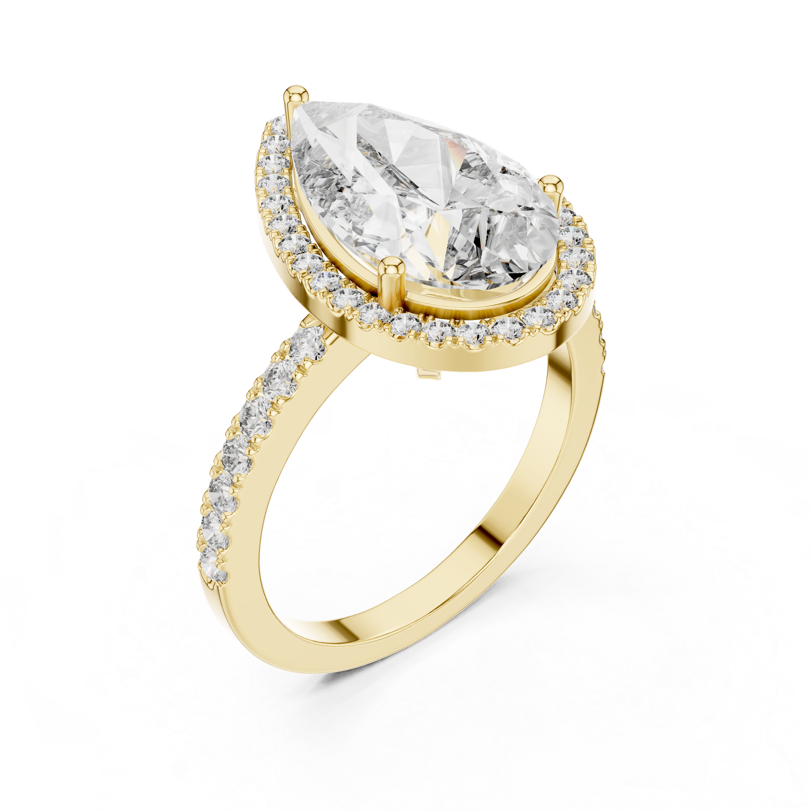 Pear Cut Halo Diamond Engagement Ring with Pavé Band