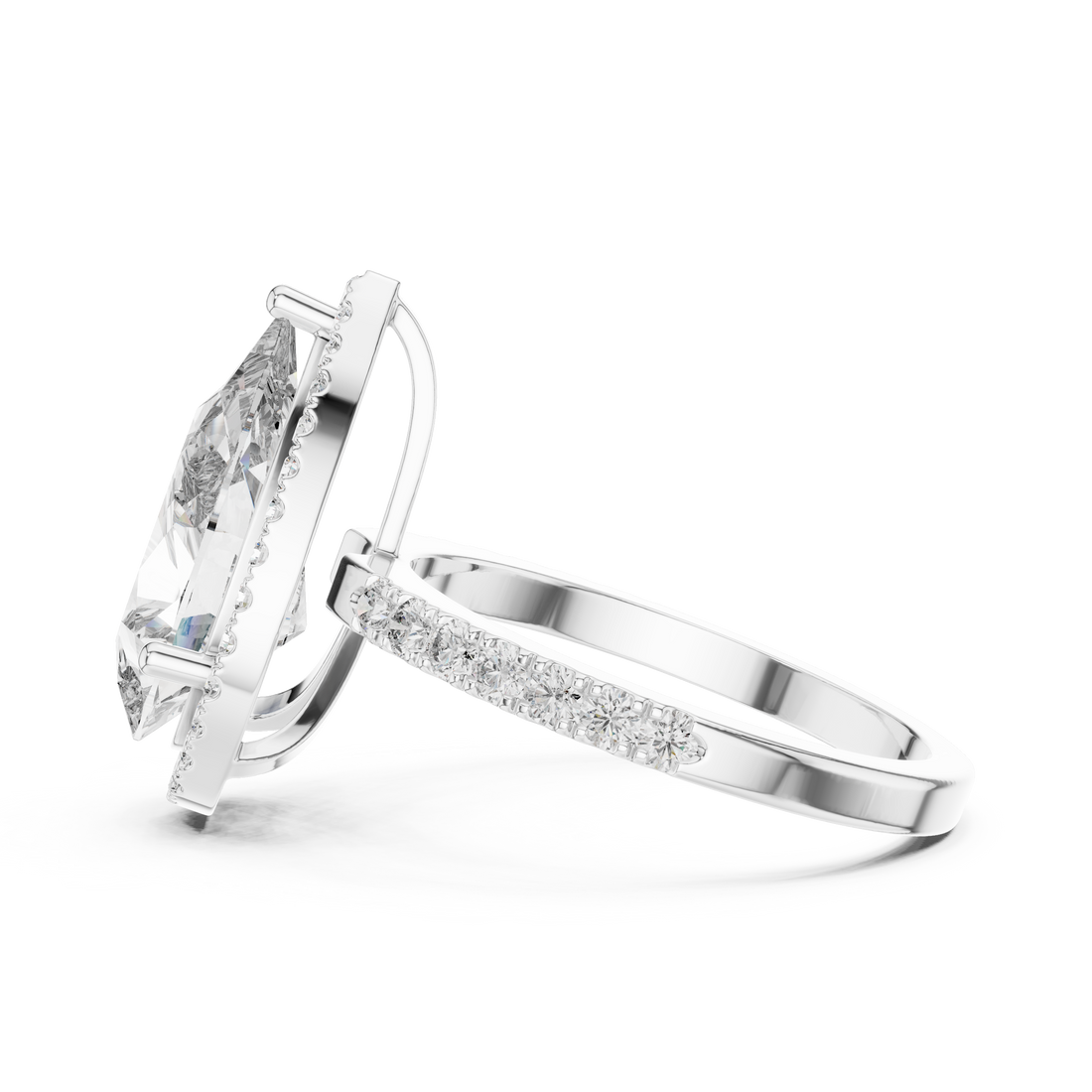 Pear Cut Halo Diamond Engagement Ring with Pavé Band