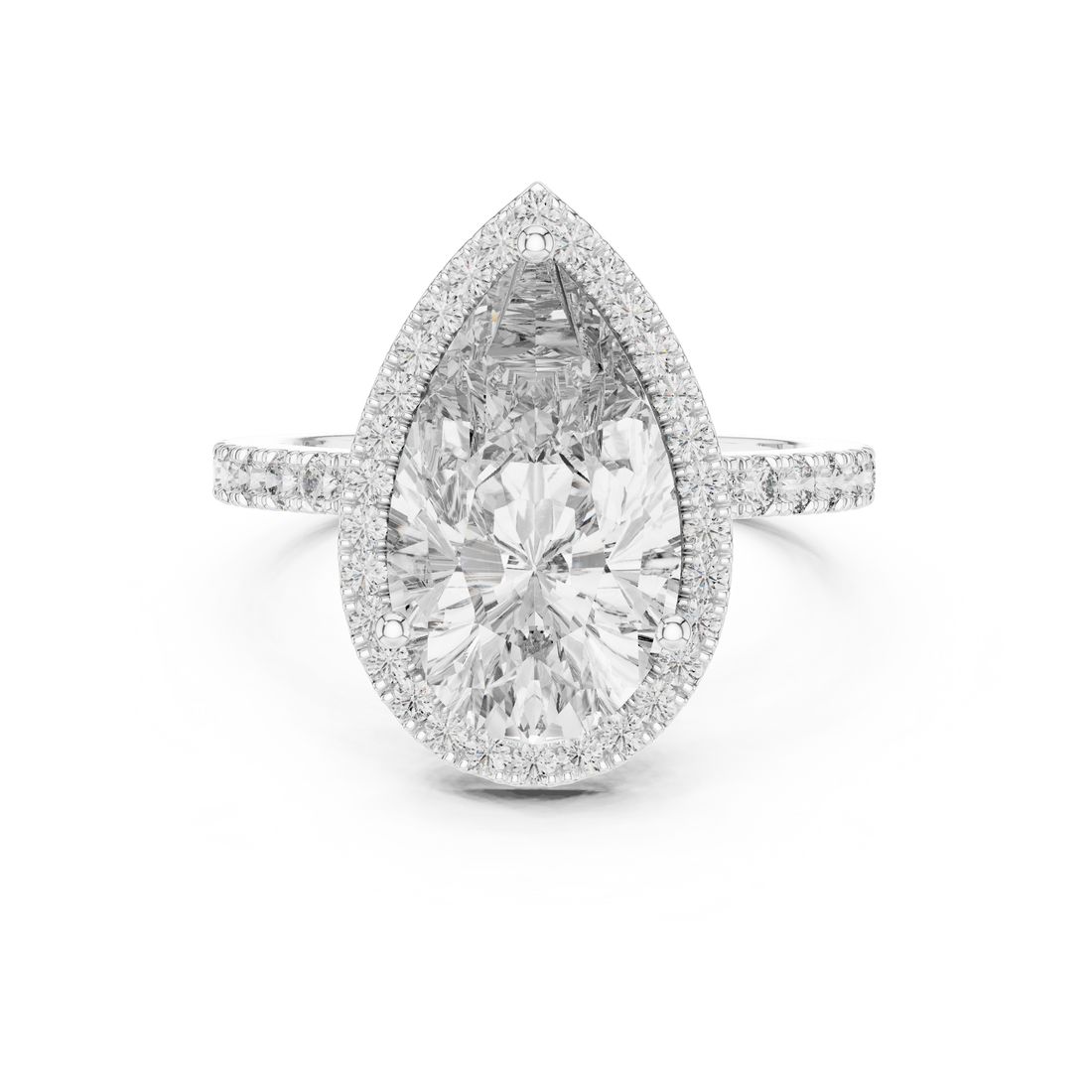 Pear Cut Halo Diamond Engagement Ring with Pavé Band