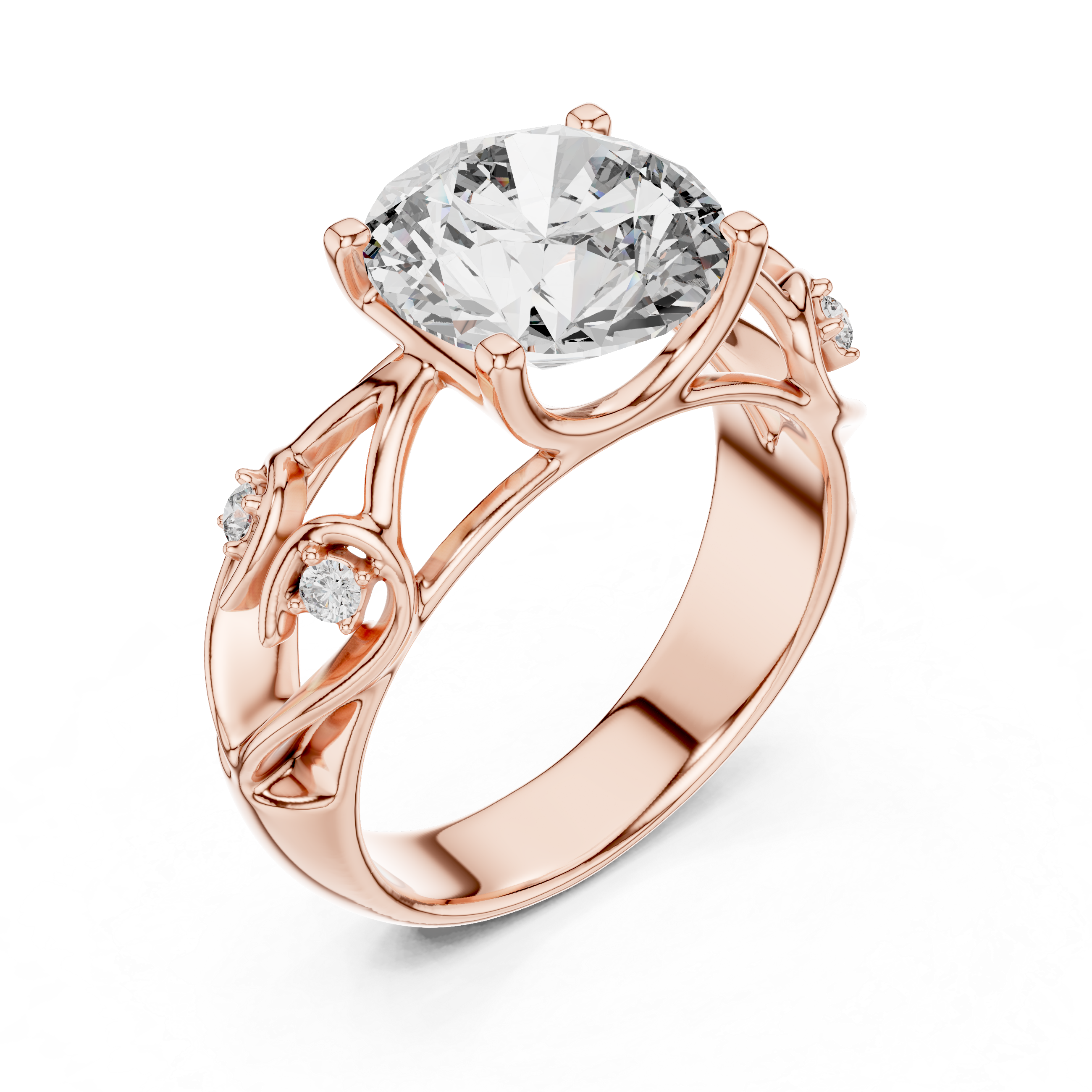 Round Cut Diamond Engagement Ring with Sculpted Floral Side Accents