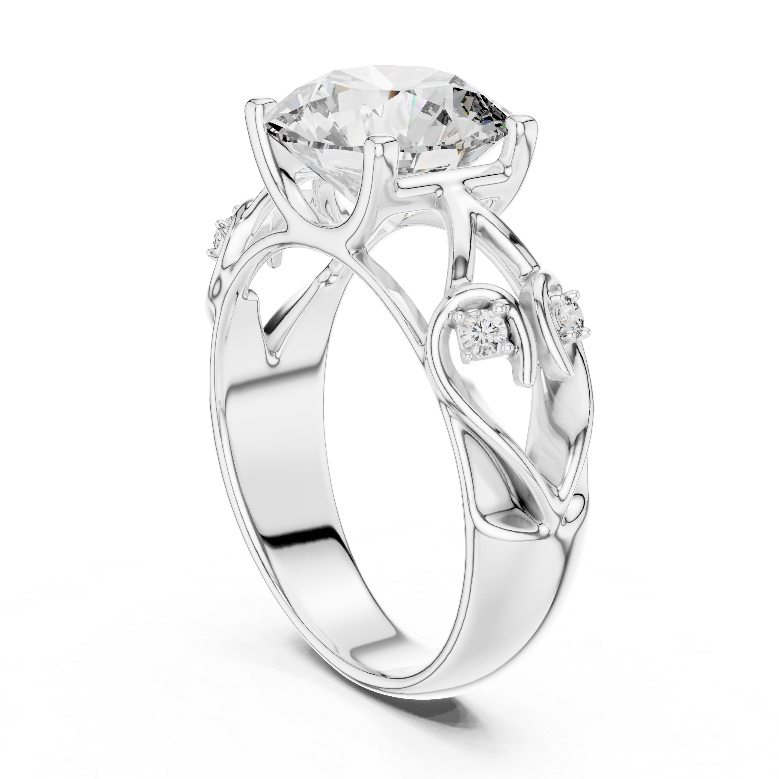 Round Cut Diamond Engagement Ring with Sculpted Floral Side Accents