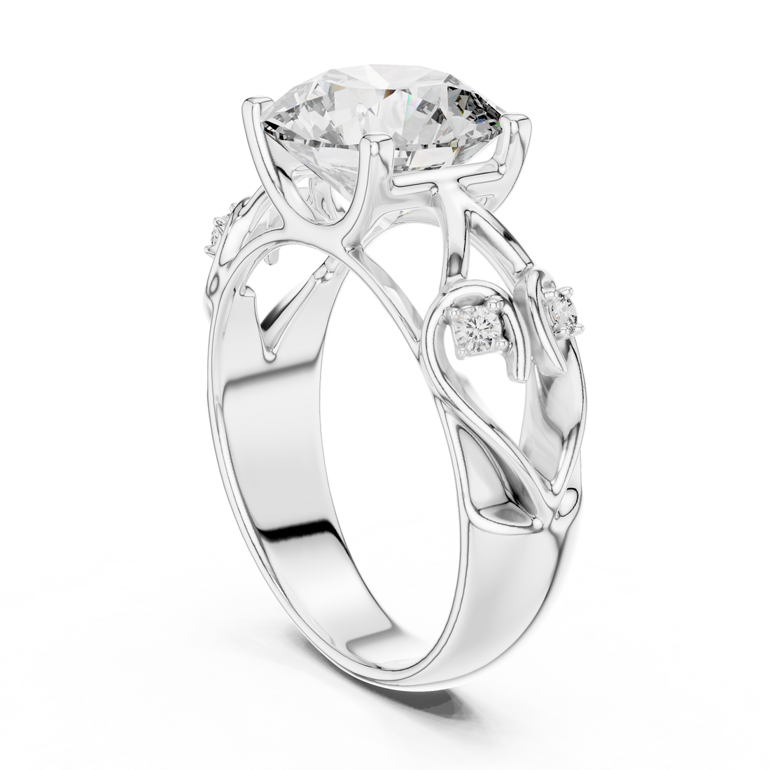Round Cut Diamond Engagement Ring with Sculpted Floral Side Accents