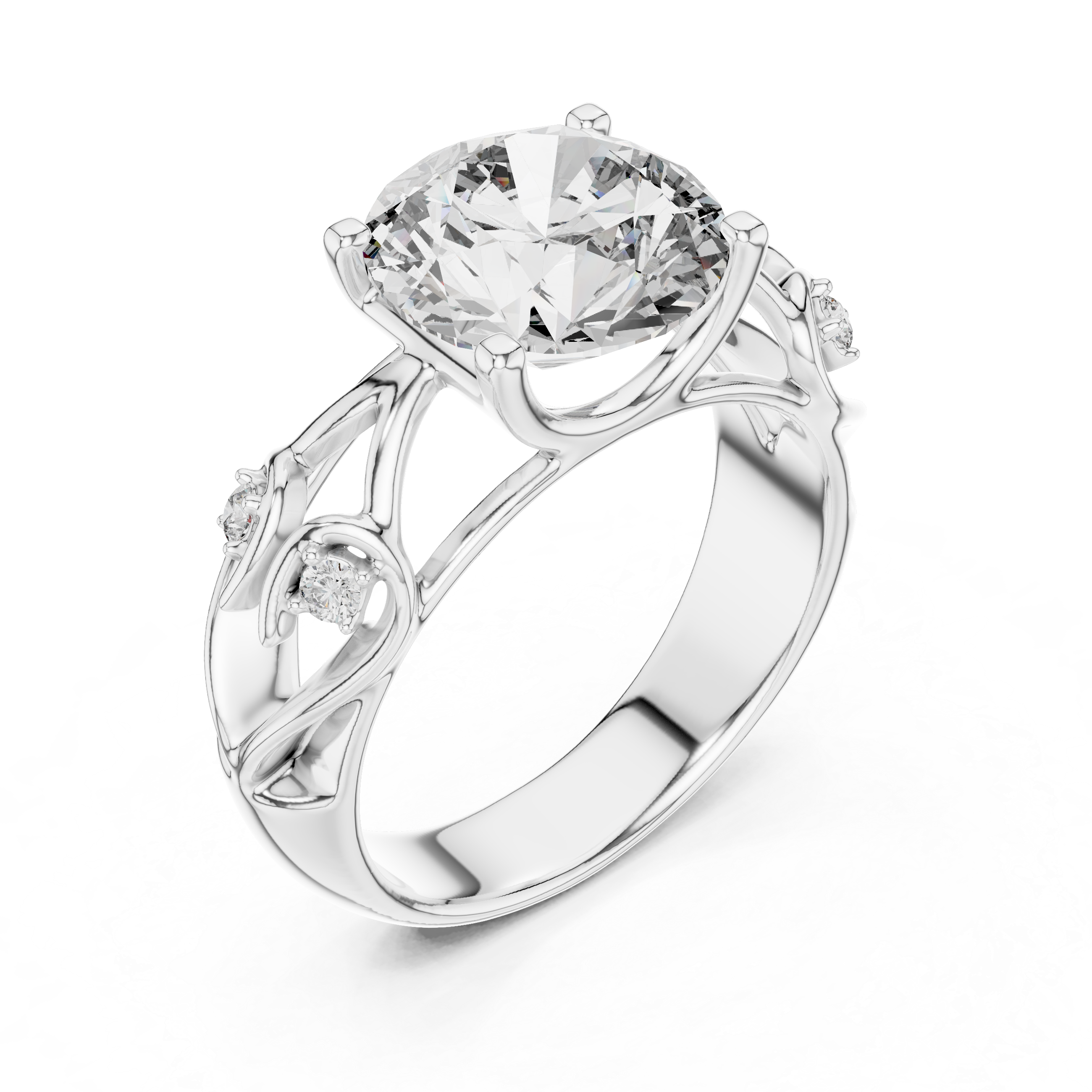 Round Cut Diamond Engagement Ring with Sculpted Floral Side Accents
