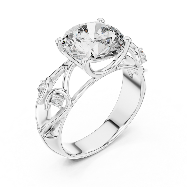 Round Cut Diamond Engagement Ring with Sculpted Floral Side Accents