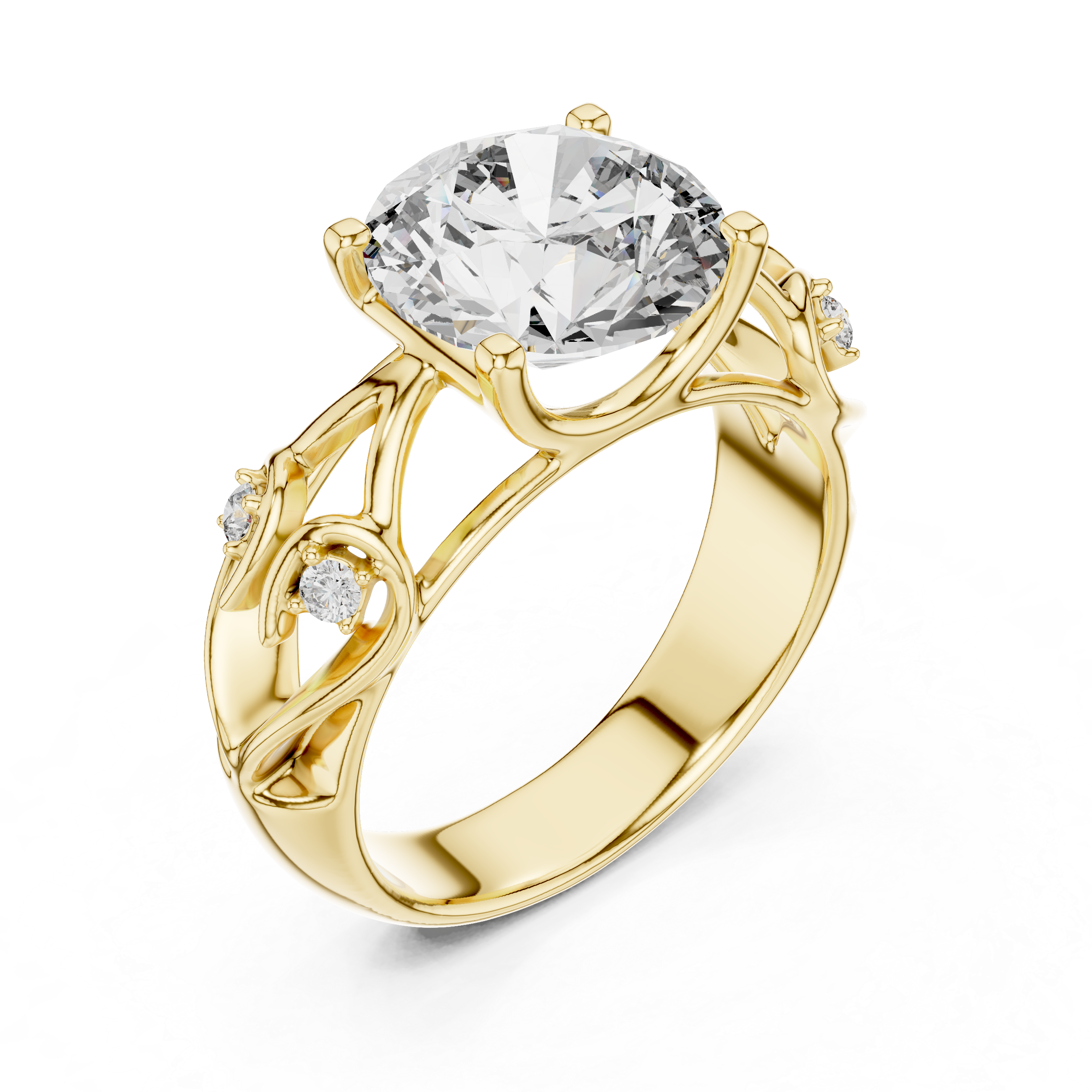 Round Cut Diamond Engagement Ring with Sculpted Floral Side Accents
