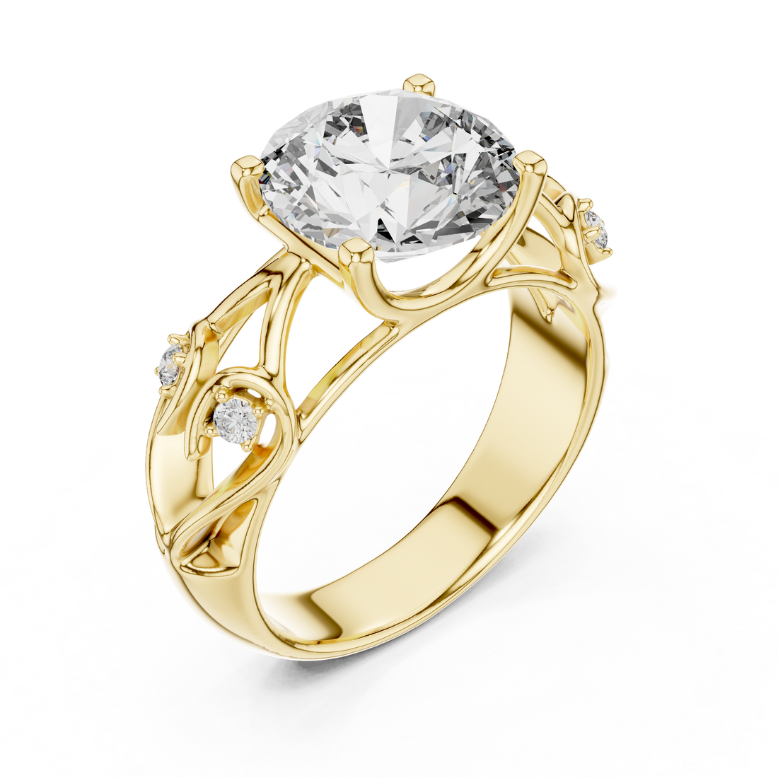 Round Cut Diamond Engagement Ring with Sculpted Floral Side Accents