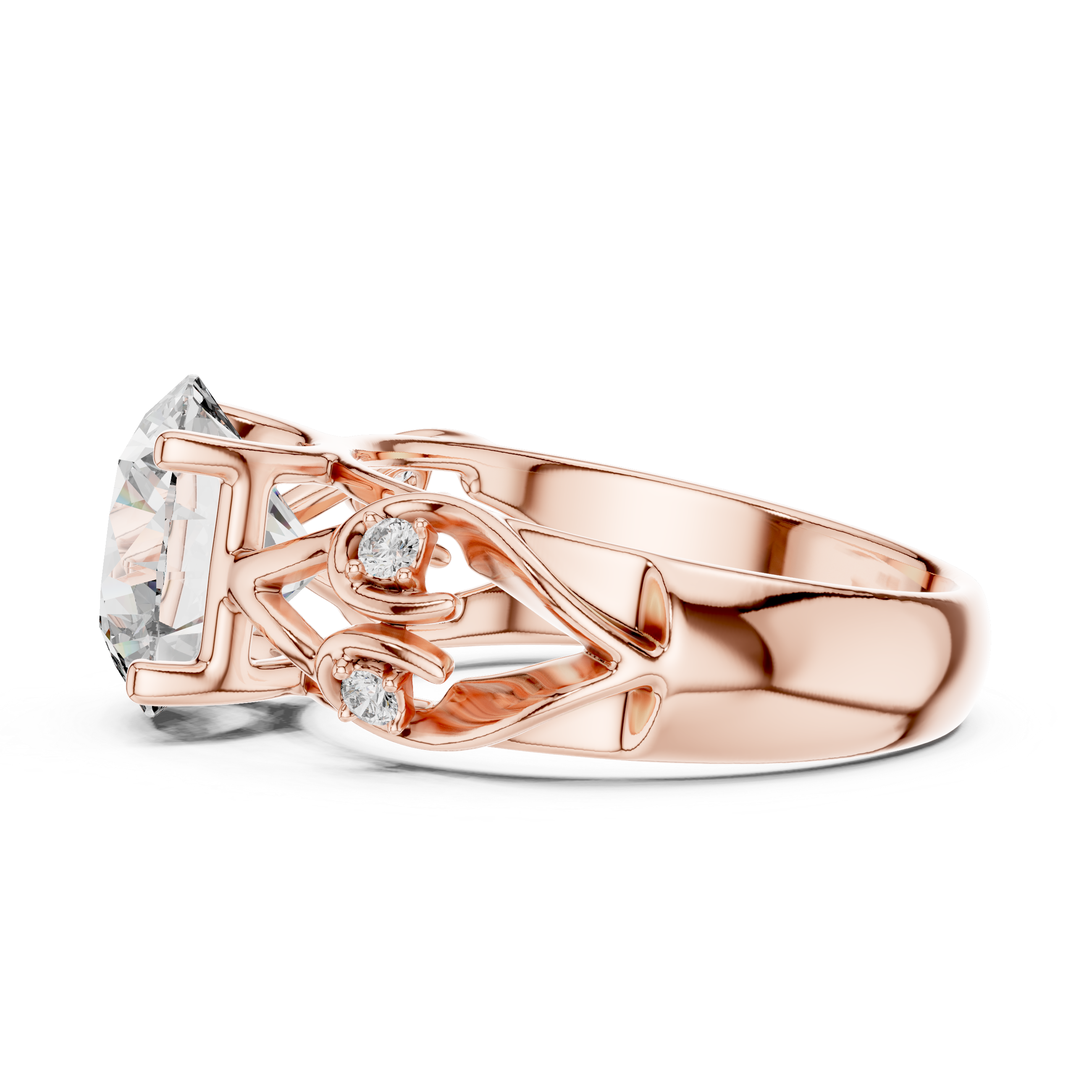 Round Cut Diamond Engagement Ring with Sculpted Floral Side Accents