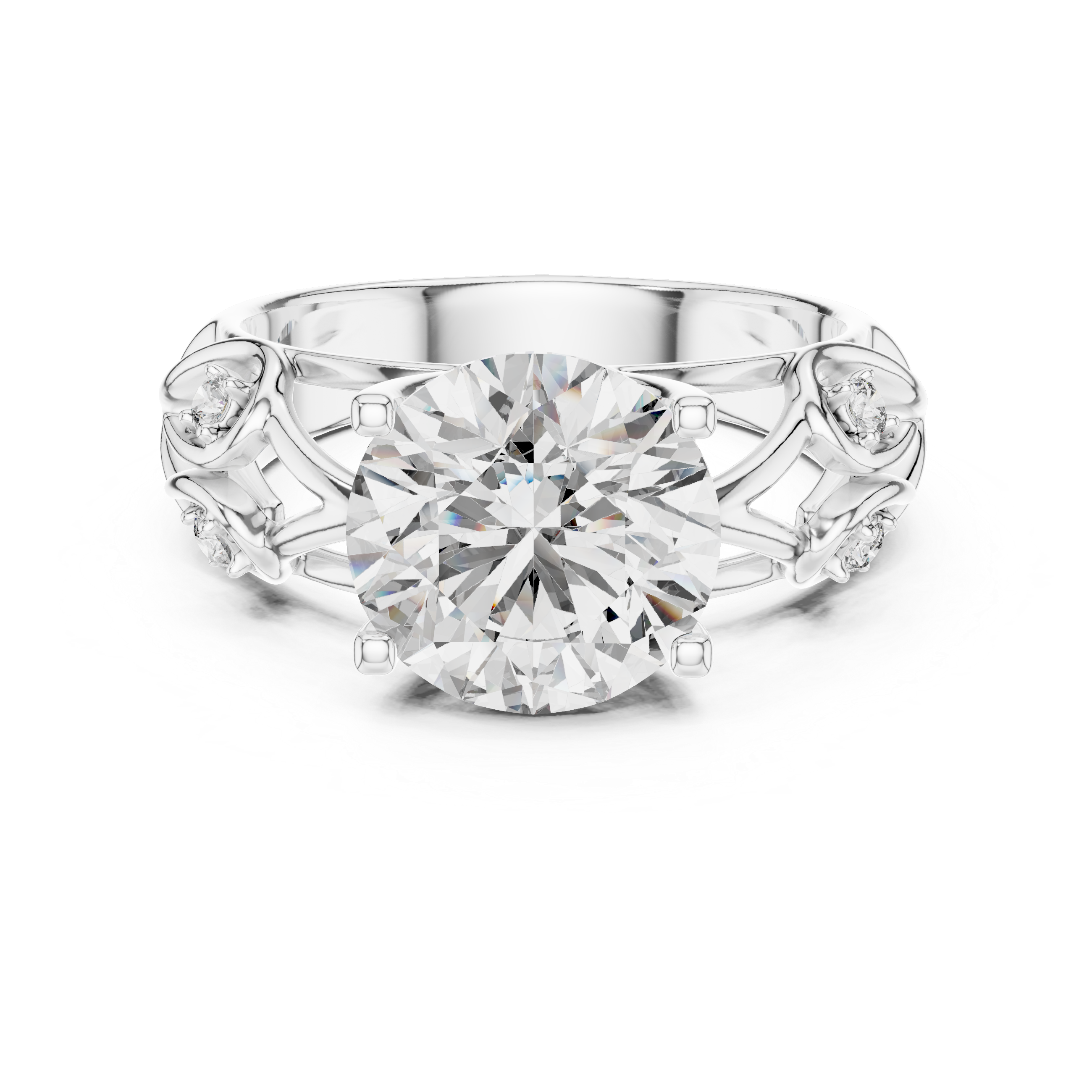 Round Cut Diamond Engagement Ring with Sculpted Floral Side Accents
