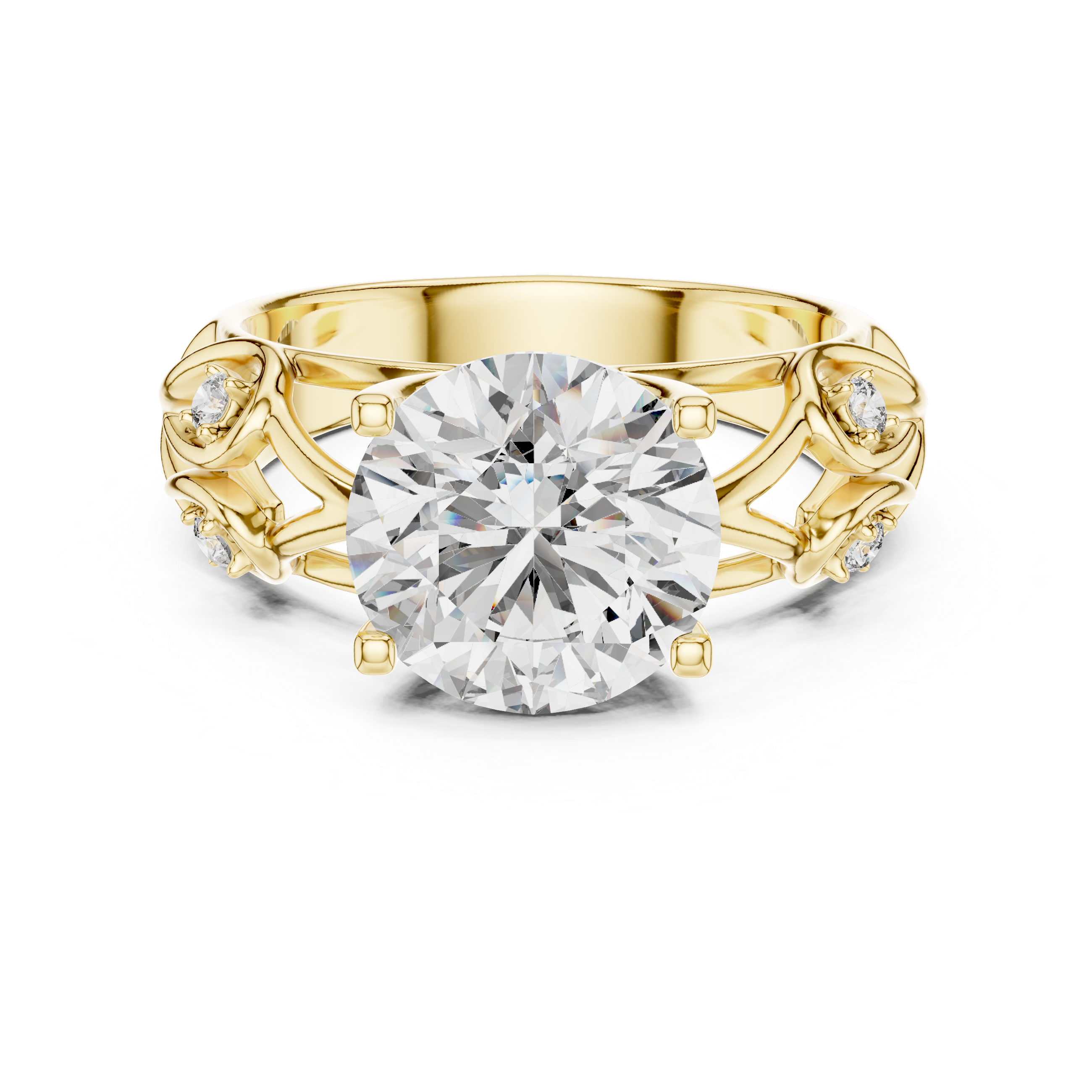 Round Cut Diamond Engagement Ring with Sculpted Floral Side Accents