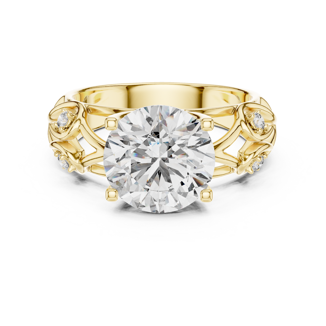 Round Cut Diamond Engagement Ring with Sculpted Floral Side Accents