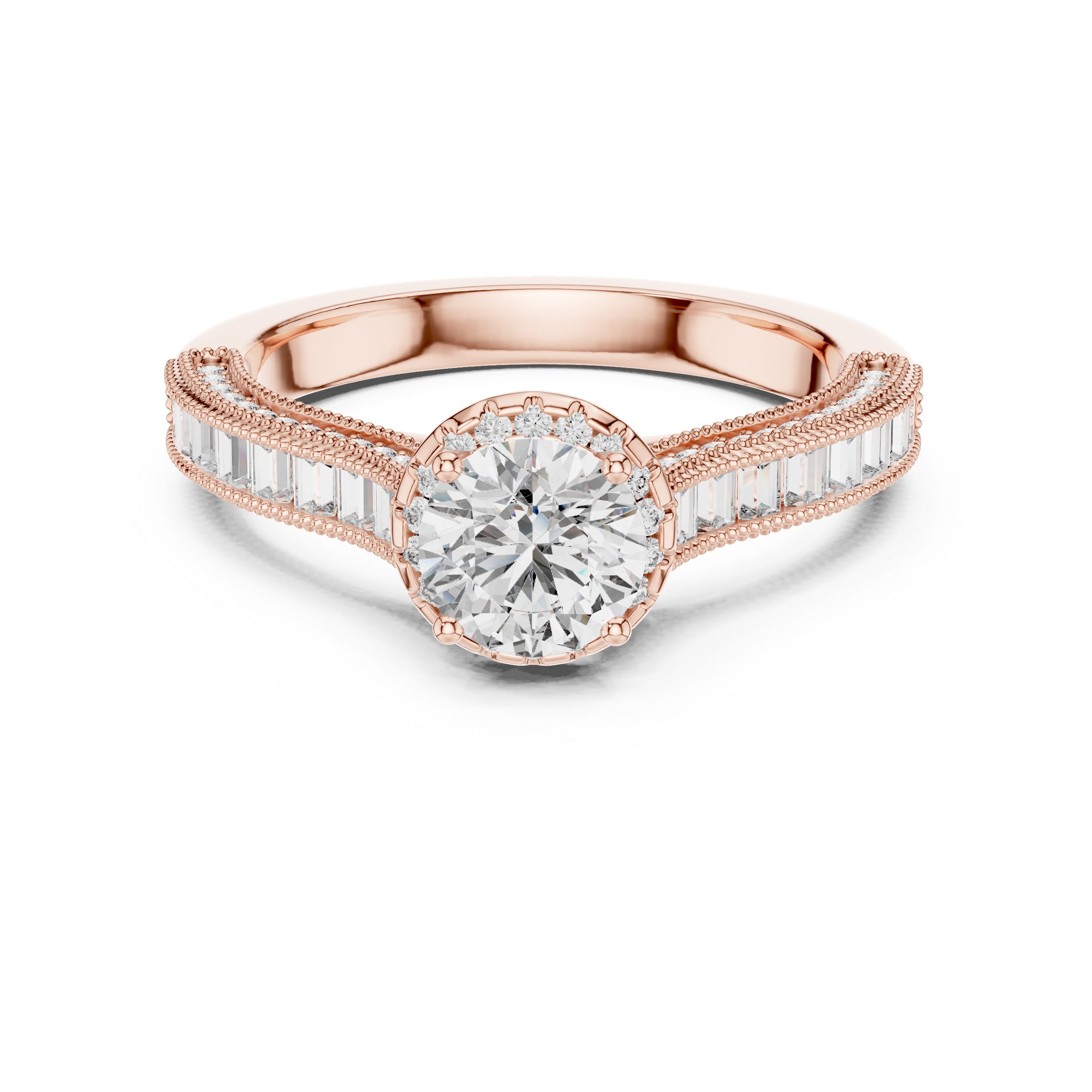 Round Cut Diamond Engagement Ring with Baguette & Milgrain Band