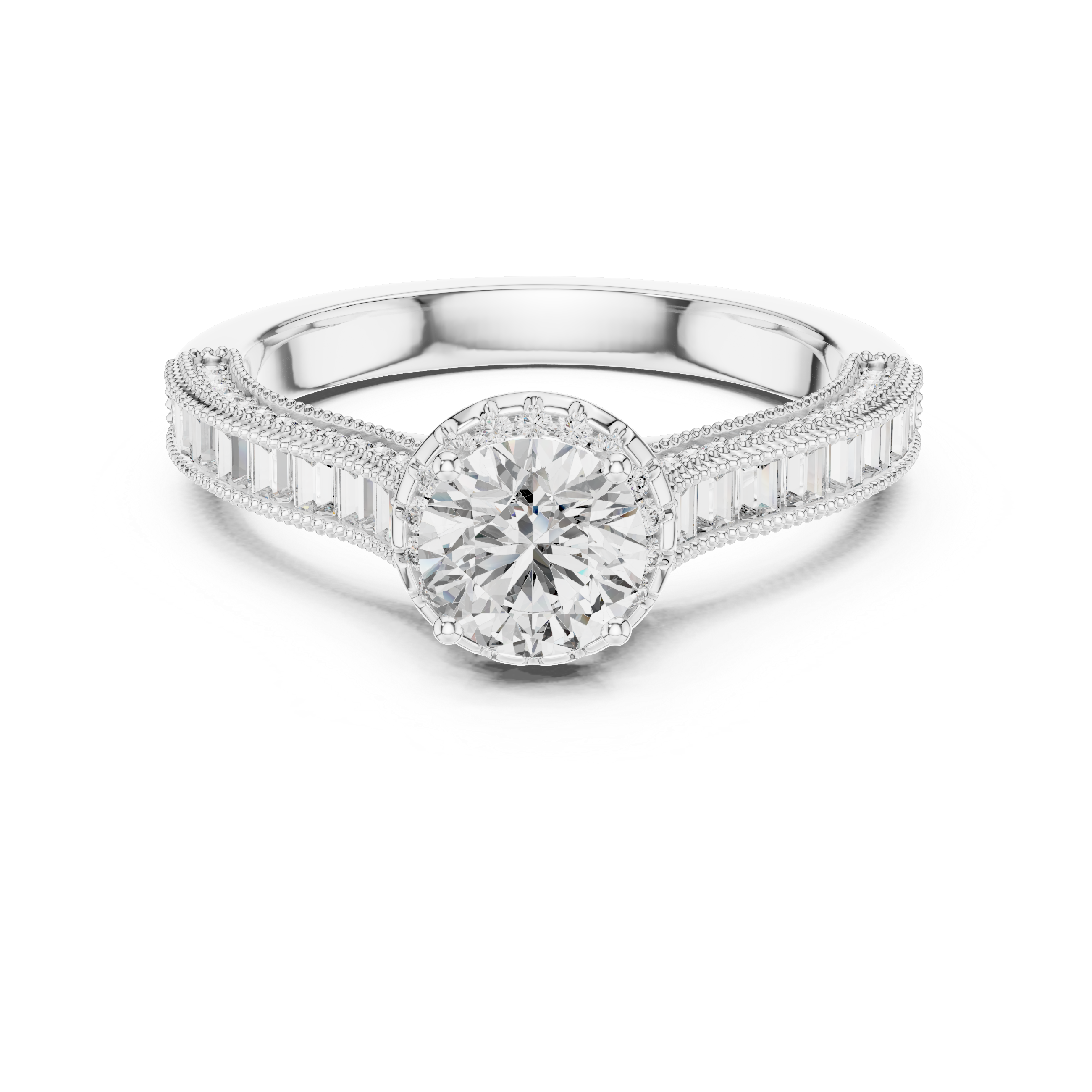 Round Cut Diamond Engagement Ring with Baguette & Milgrain Band