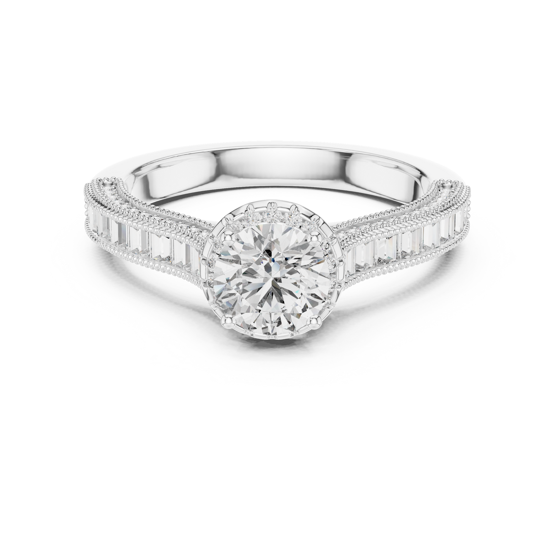 Round Cut Diamond Engagement Ring with Baguette & Milgrain Band