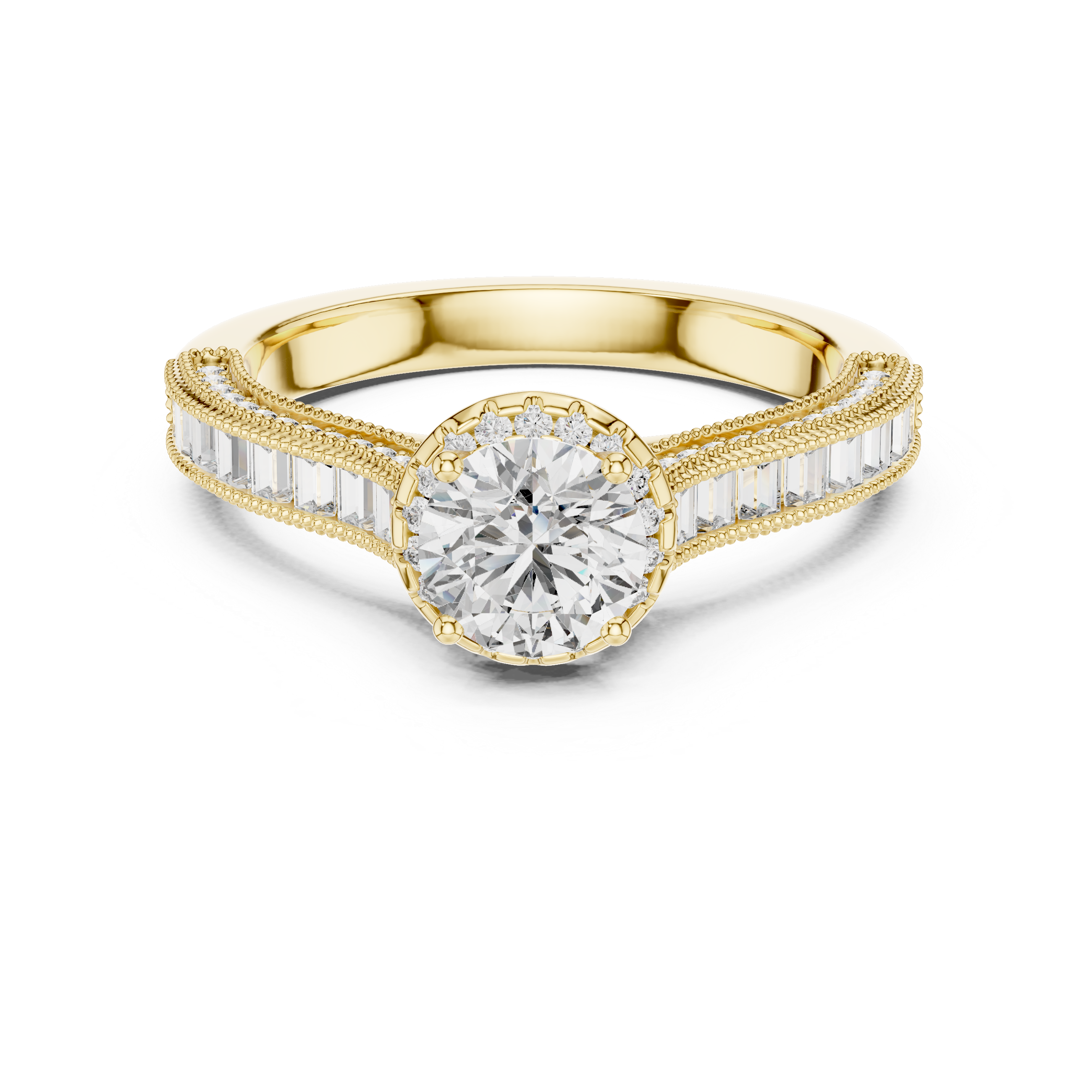 Round Cut Diamond Engagement Ring with Baguette & Milgrain Band