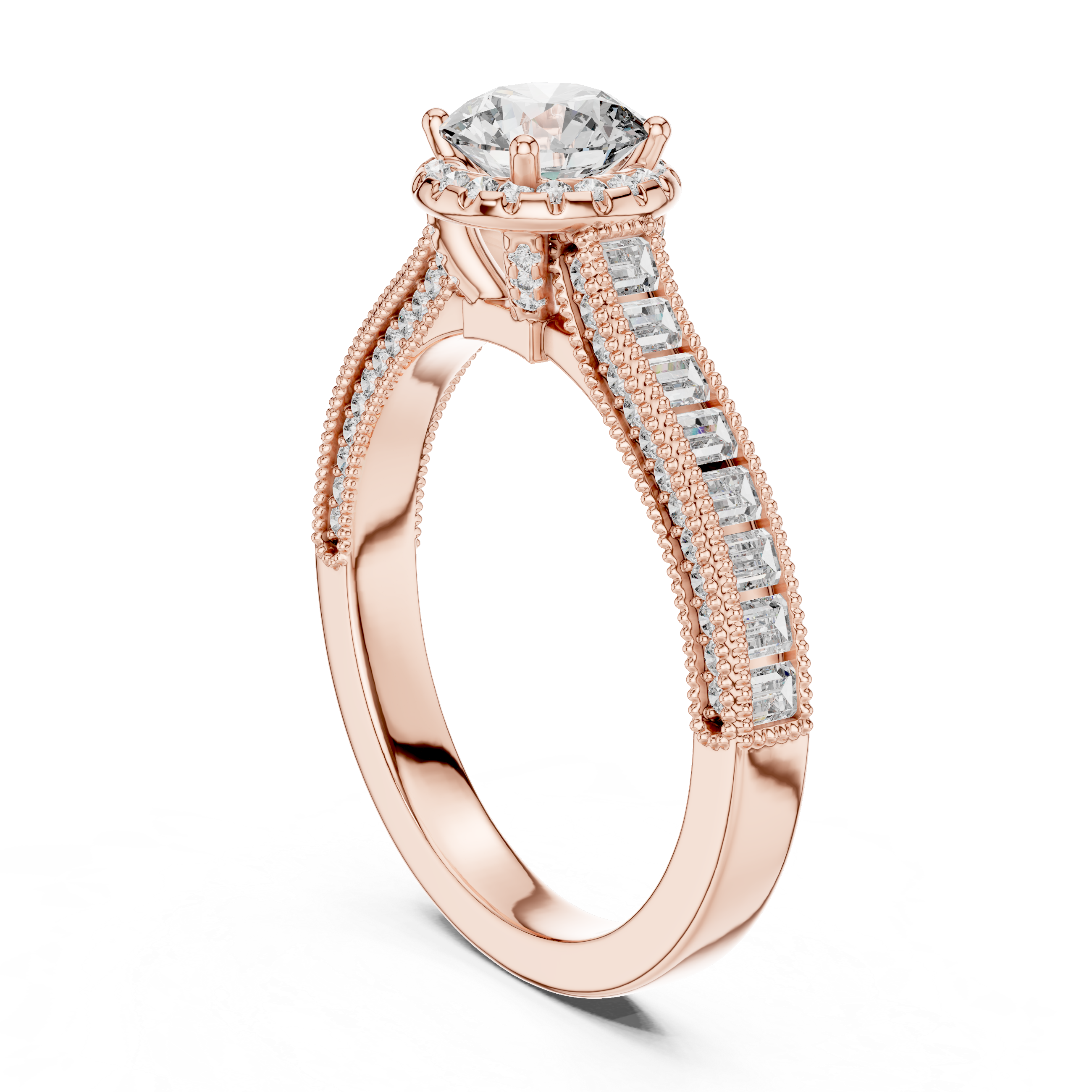 Round Cut Diamond Engagement Ring with Baguette & Milgrain Band