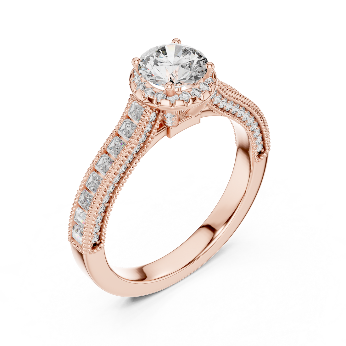 Round Cut Diamond Engagement Ring with Baguette & Milgrain Band