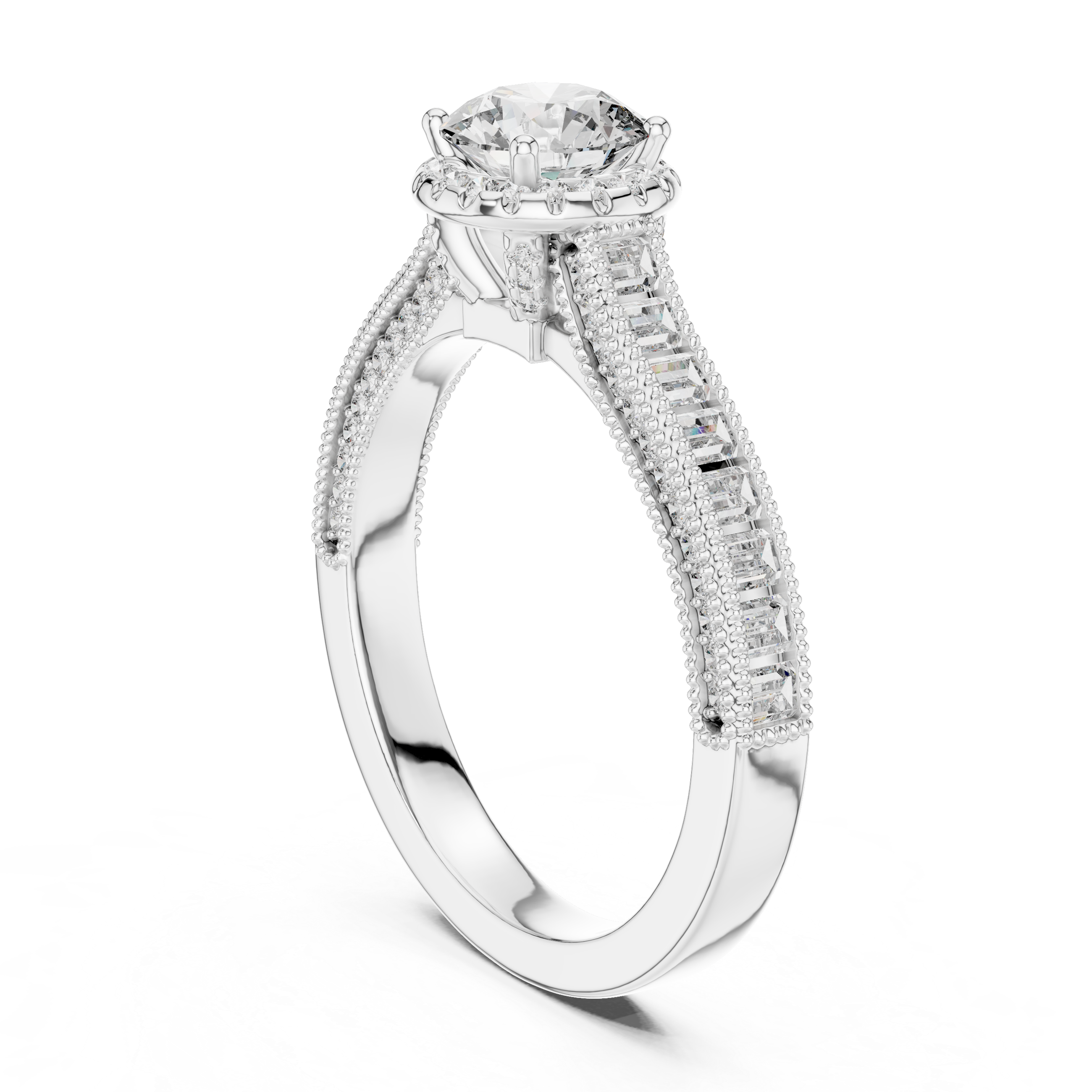 Round Cut Diamond Engagement Ring with Baguette & Milgrain Band