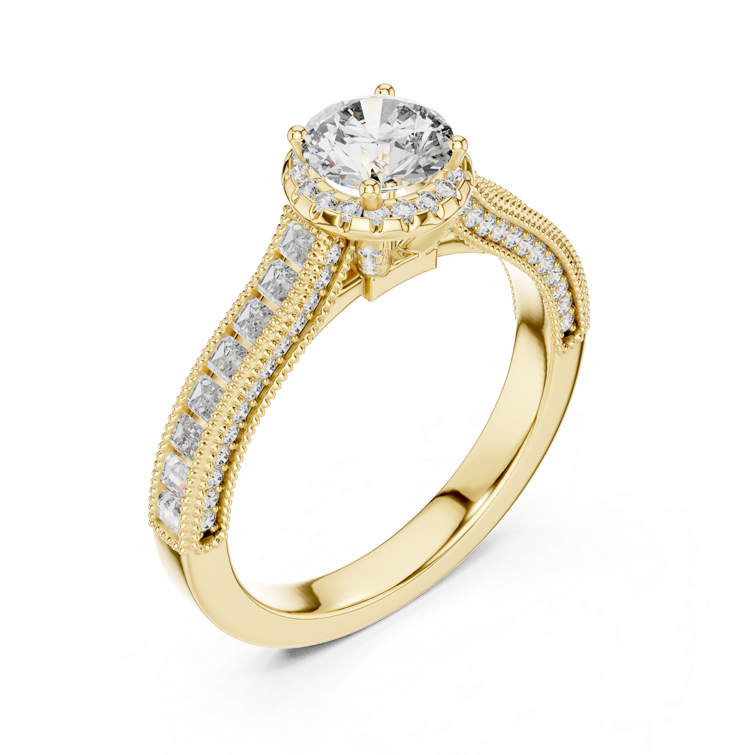 Round Cut Diamond Engagement Ring with Baguette & Milgrain Band