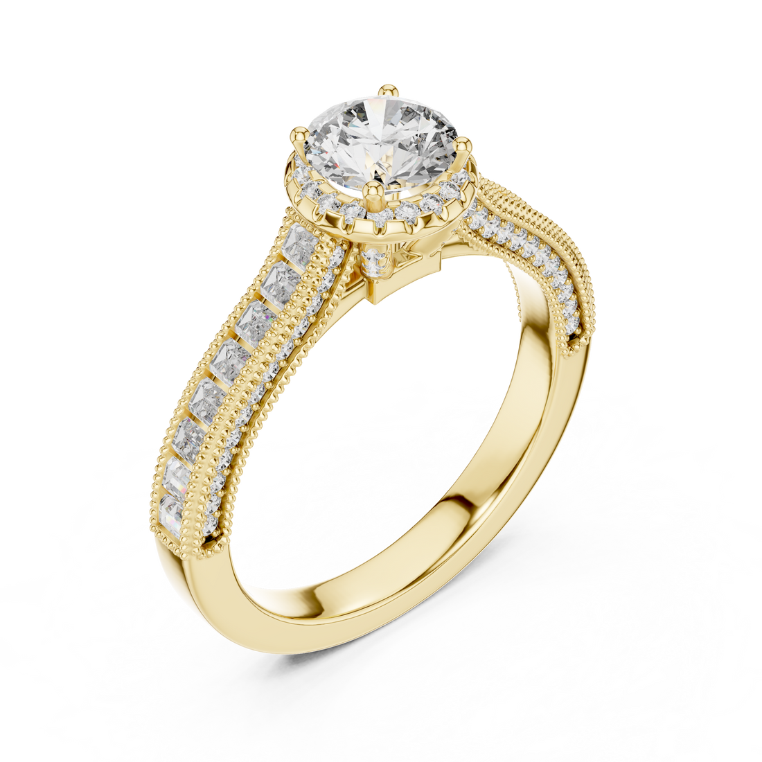 Round Cut Diamond Engagement Ring with Baguette & Milgrain Band