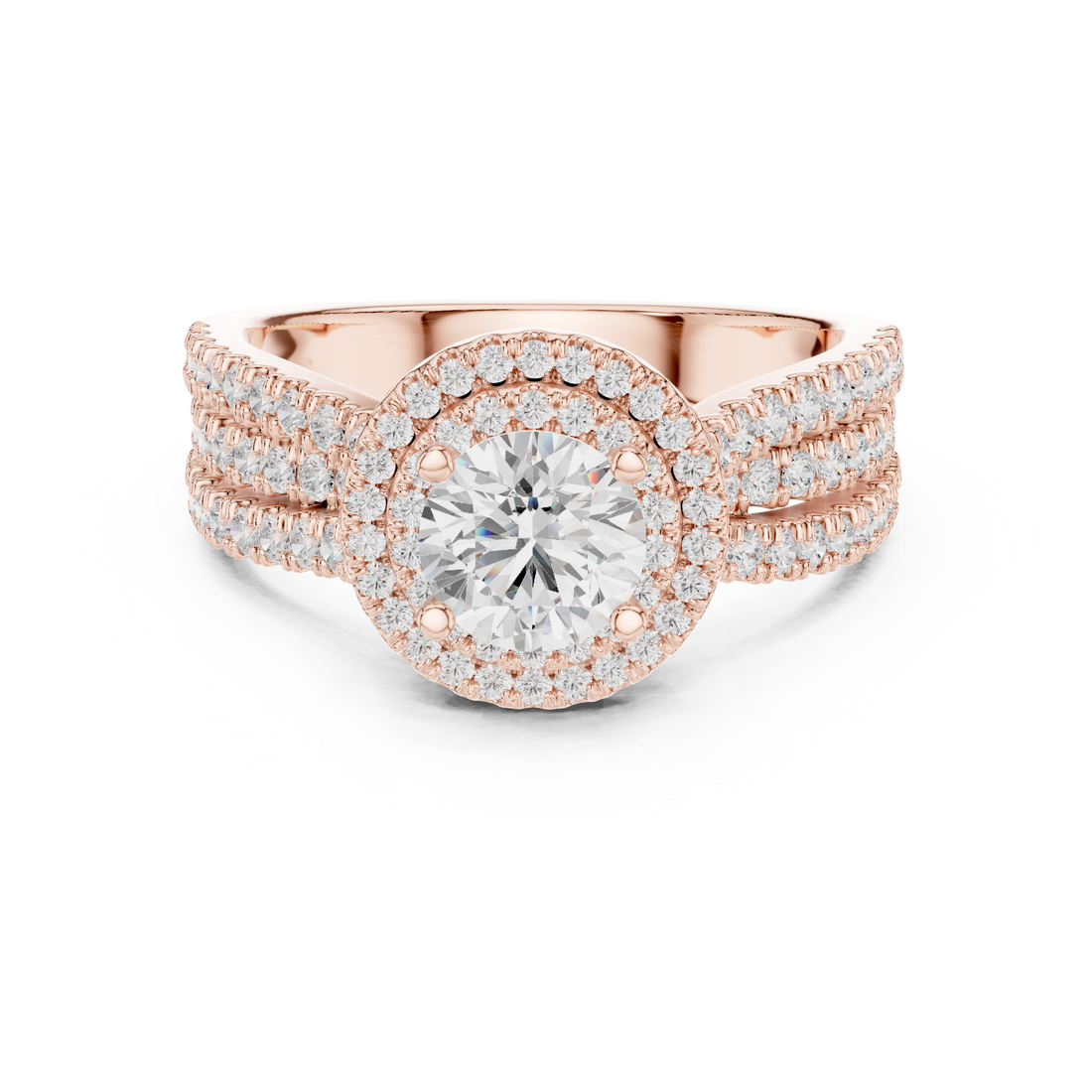 Double Halo Round Diamond Engagement Ring with Pavé Split Band