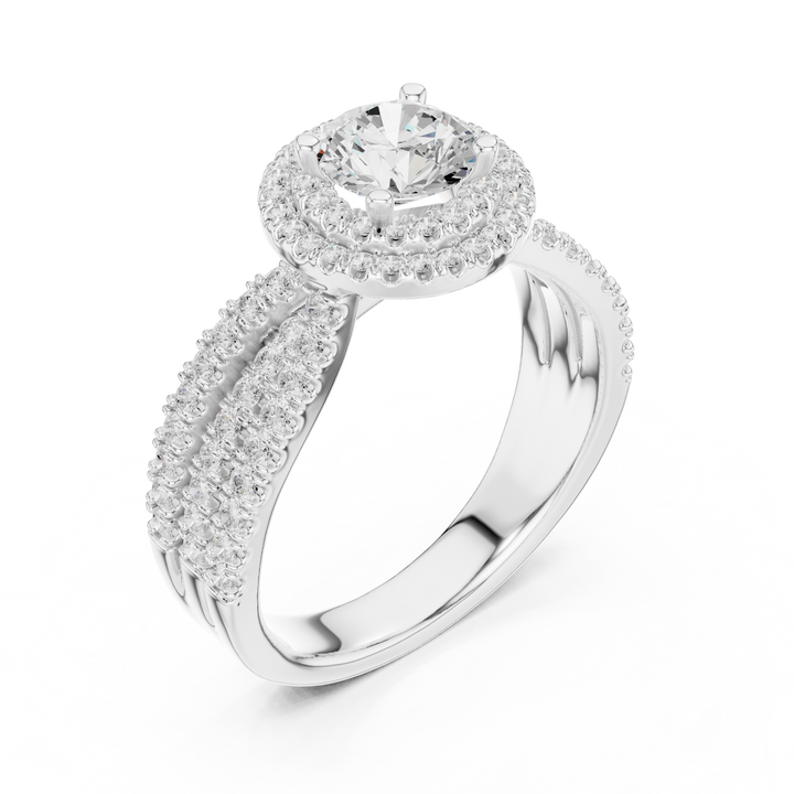 Double Halo Round Diamond Engagement Ring with Pavé Split Band