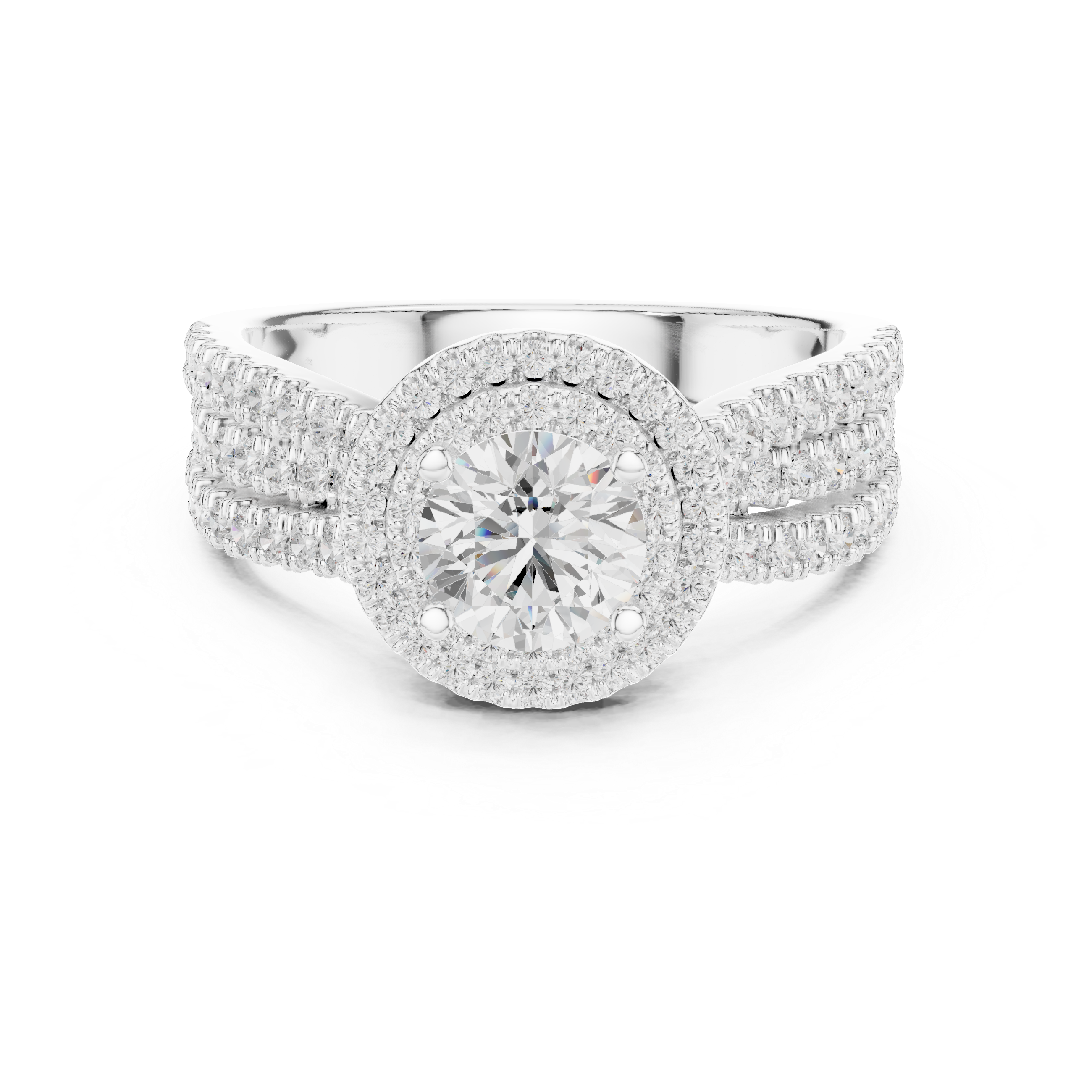 Double Halo Round Diamond Engagement Ring with Pavé Split Band