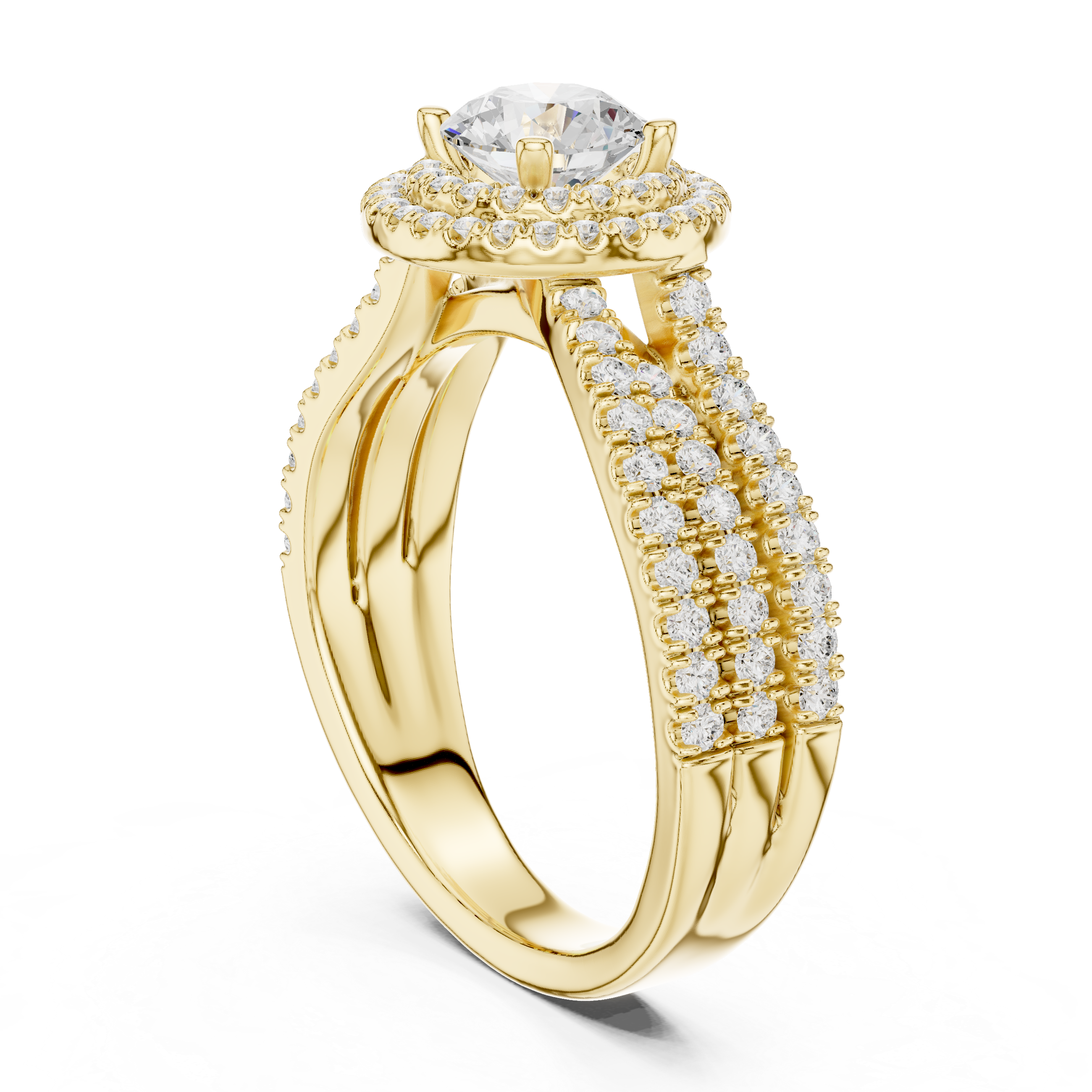 Double Halo Round Diamond Engagement Ring with Pavé Split Band