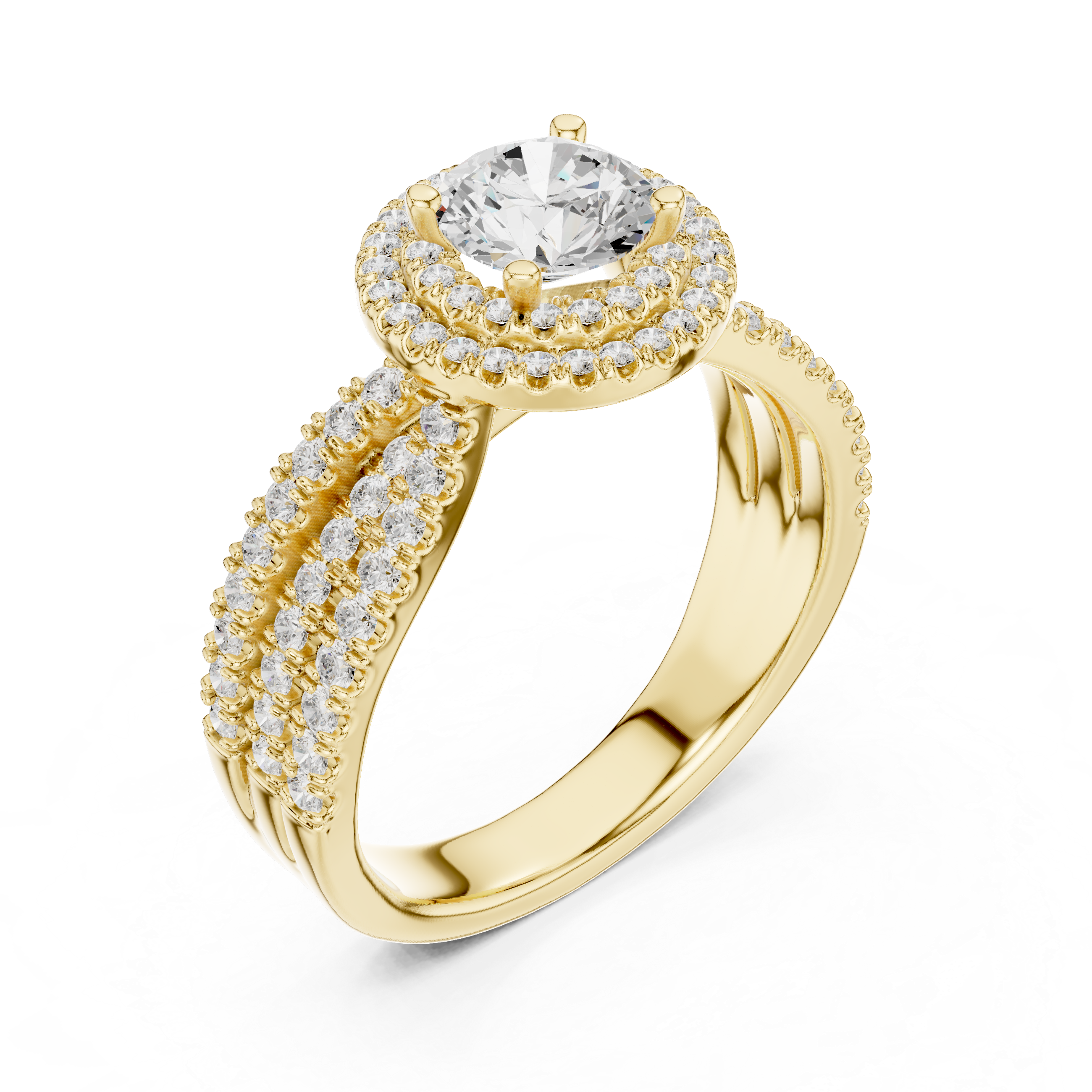 Double Halo Round Diamond Engagement Ring with Pavé Split Band