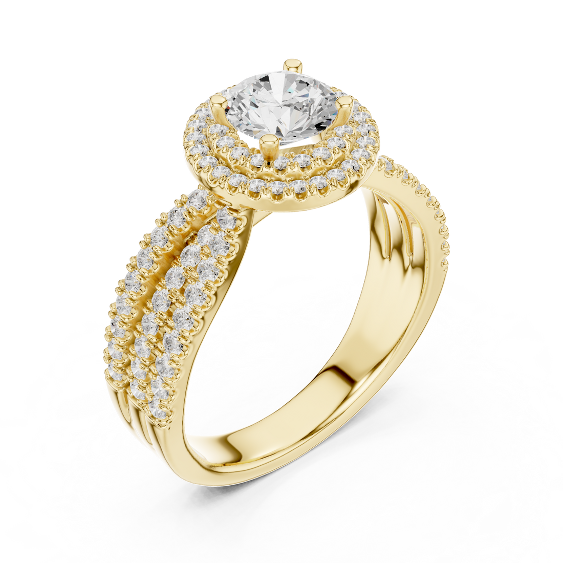 Double Halo Round Diamond Engagement Ring with Pavé Split Band