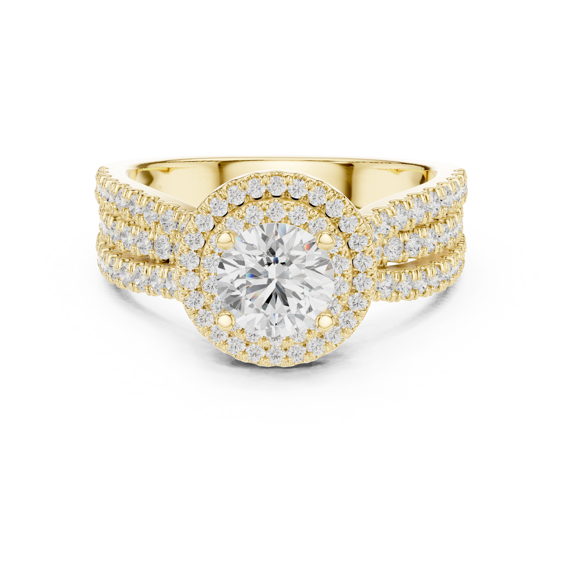 Double Halo Round Diamond Engagement Ring with Pavé Split Band
