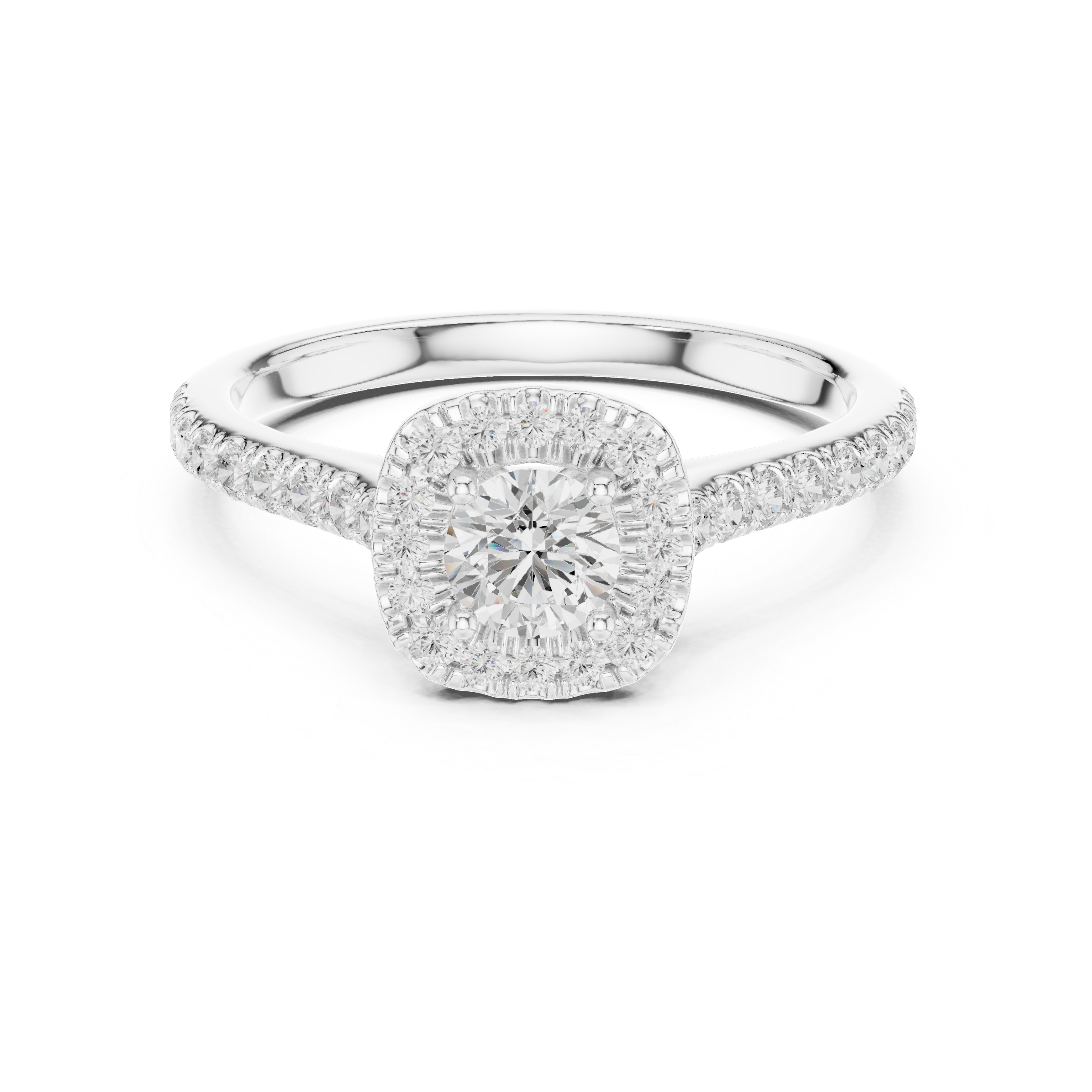 Petite Cushion Halo Diamond Ring with Pavé Band