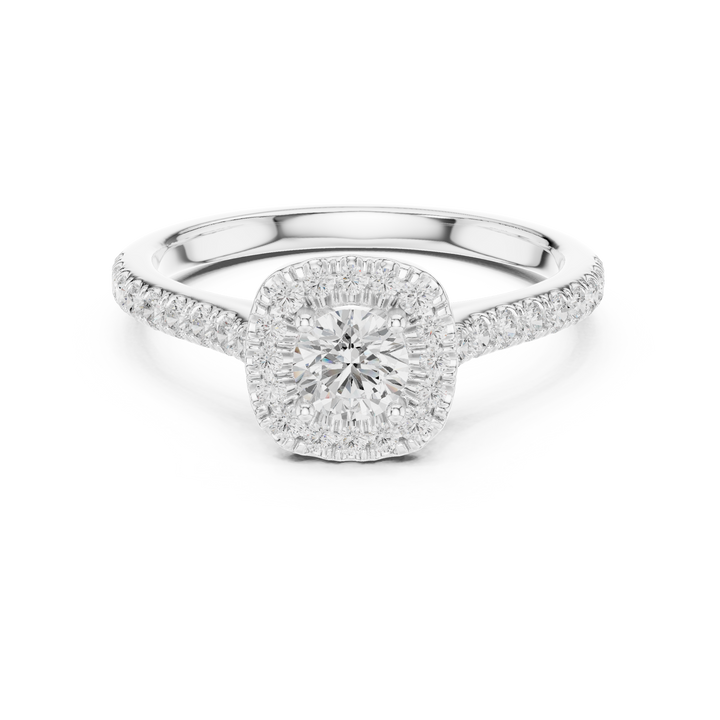 Petite Cushion Halo Diamond Ring with Pavé Band