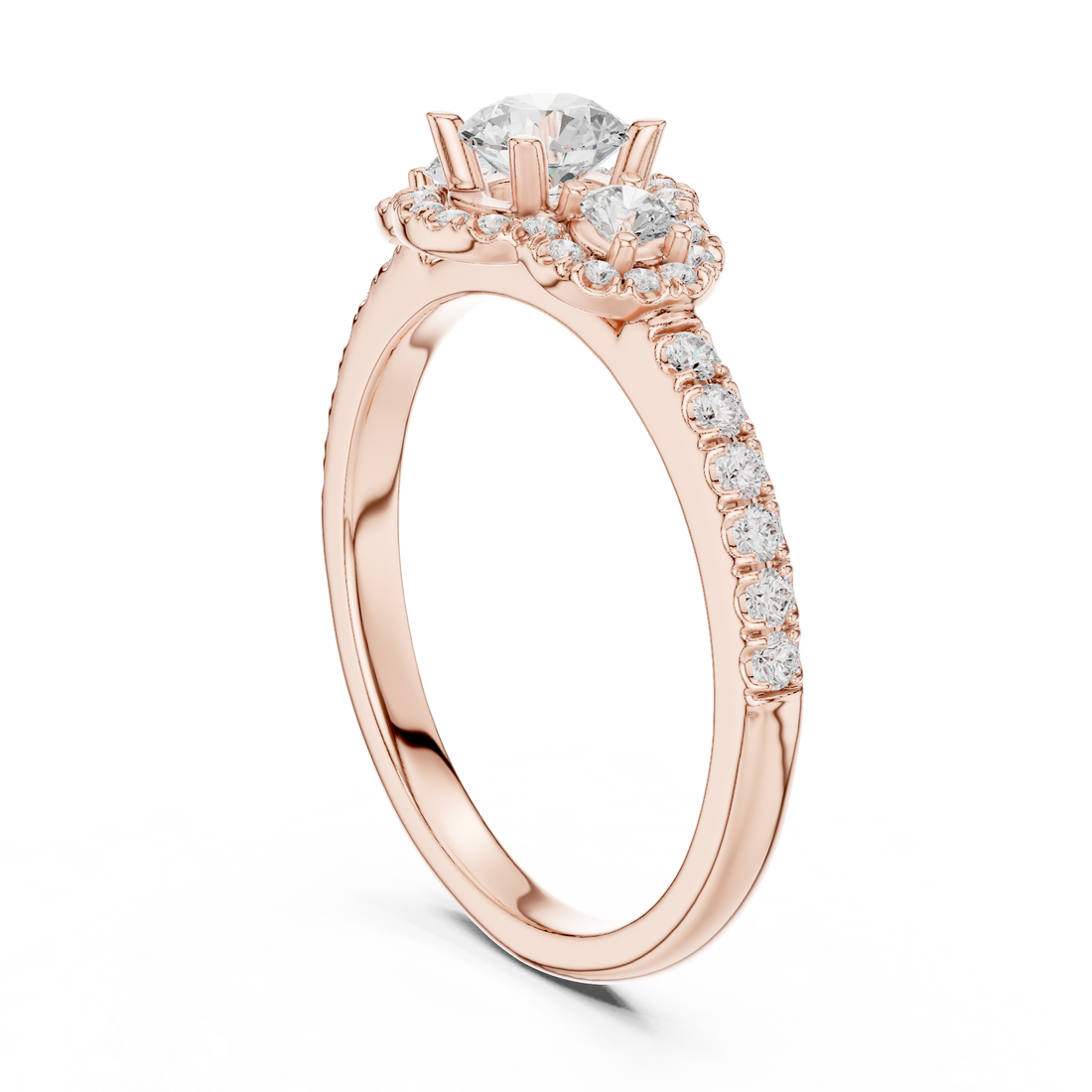 Three-Stone Diamond Halo Engagement Ring