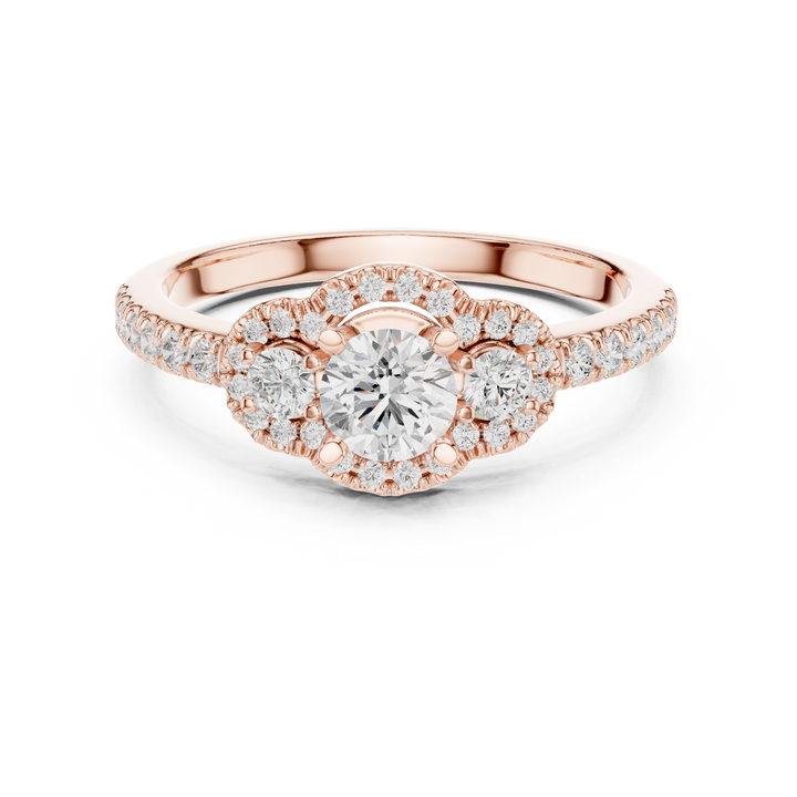 Three-Stone Diamond Halo Engagement Ring