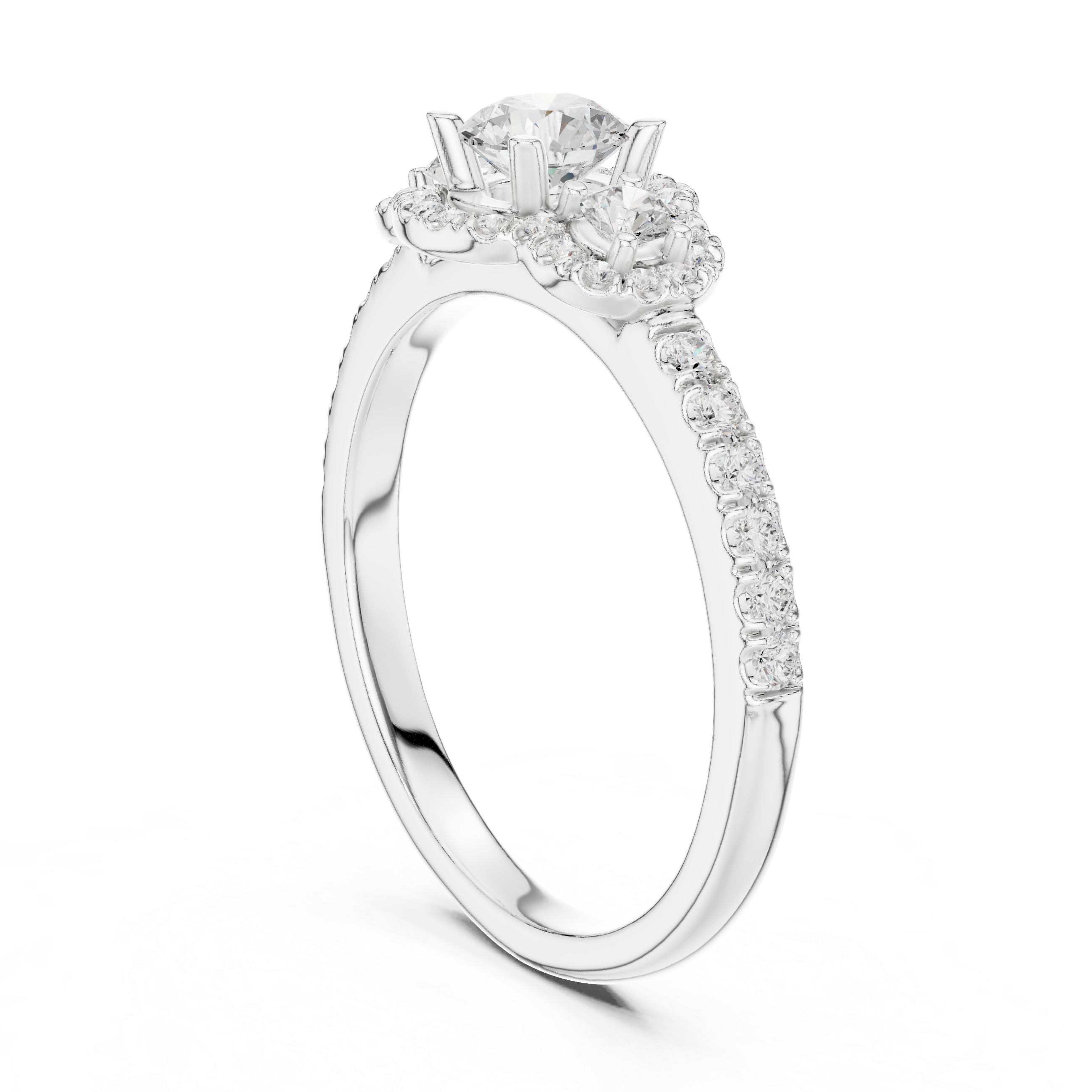 Three-Stone Diamond Halo Engagement Ring