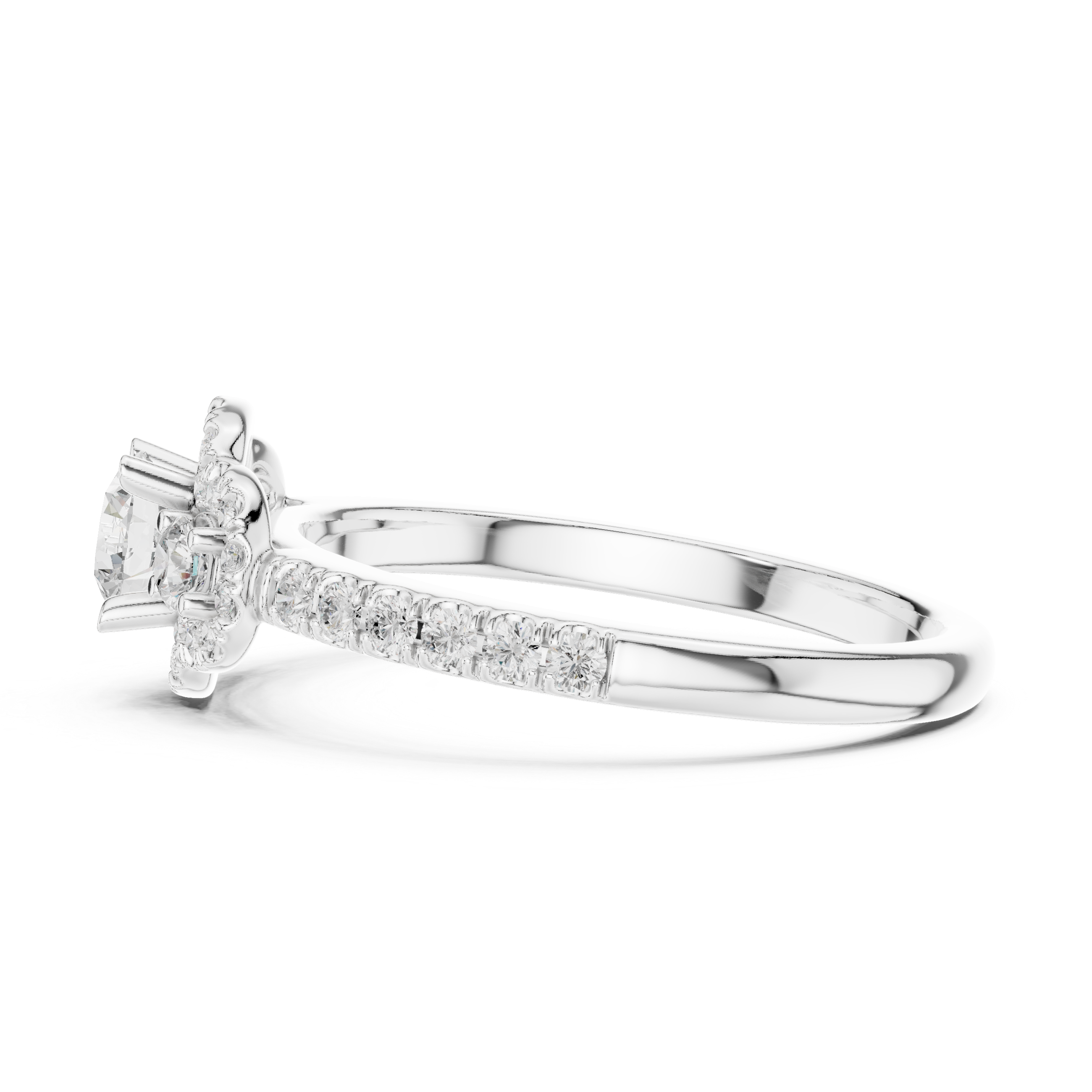 Three-Stone Diamond Halo Engagement Ring