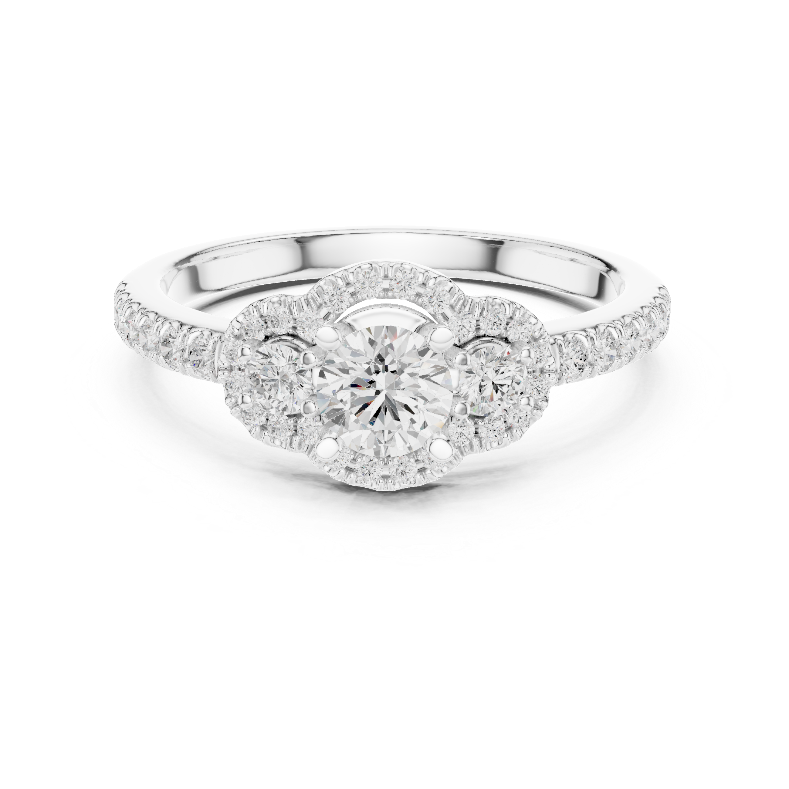 Three-Stone Diamond Halo Engagement Ring