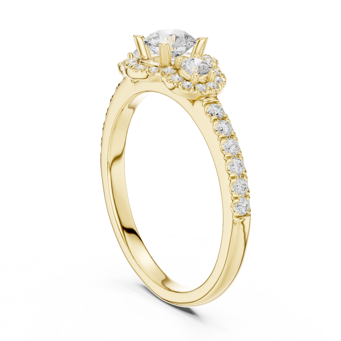 Three-Stone Diamond Halo Engagement Ring