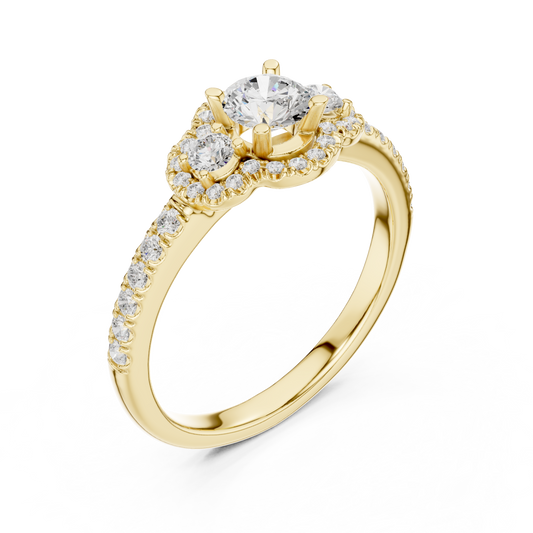 Three-Stone Diamond Halo Engagement Ring