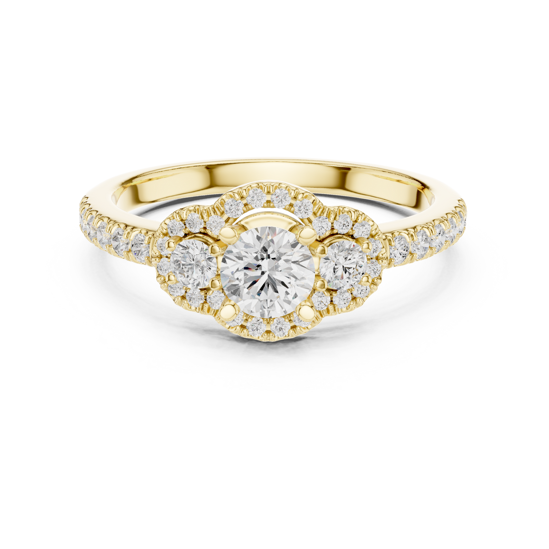 Three-Stone Diamond Halo Engagement Ring