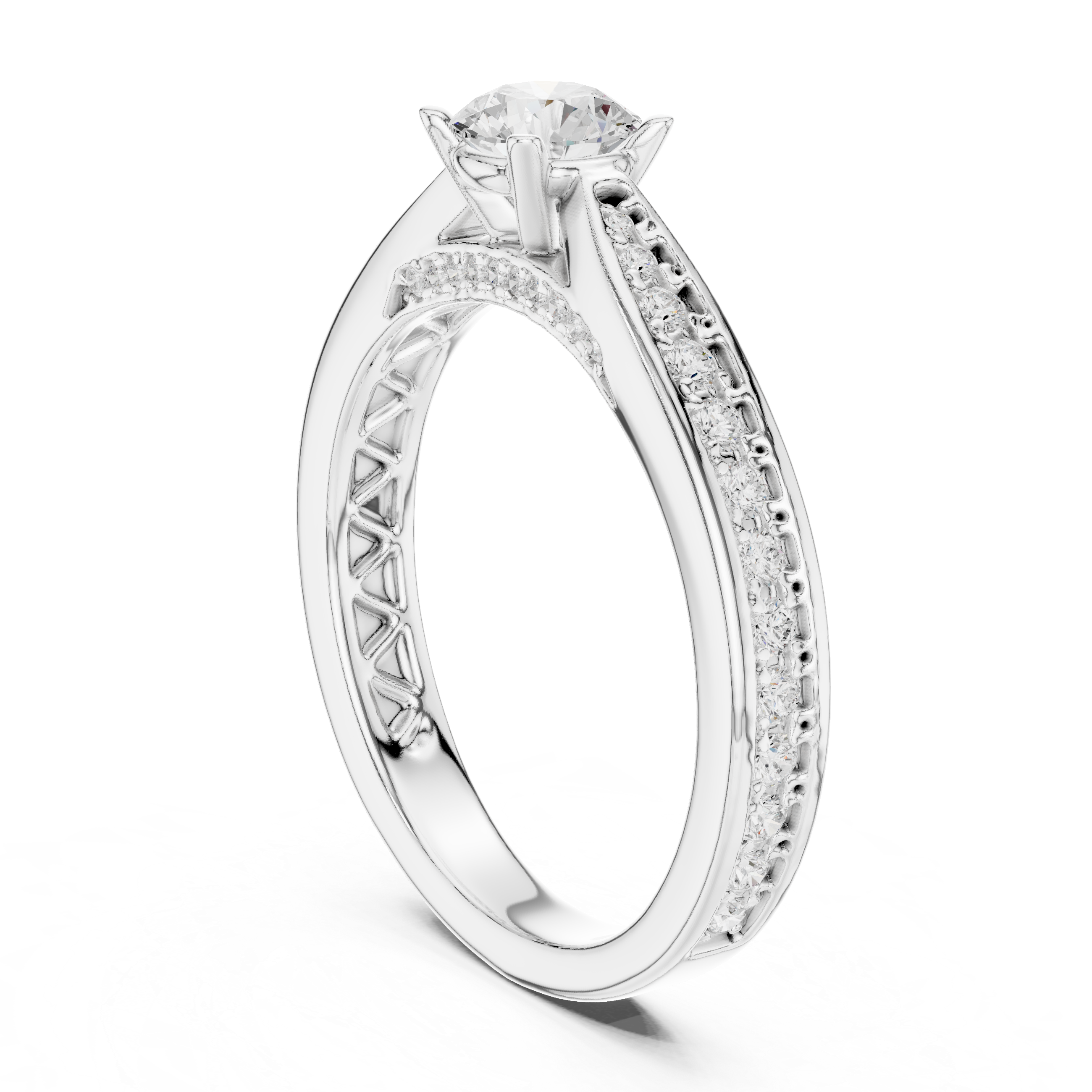 Diamond Solitaire Engagement Ring with Pavé and Filigree Details